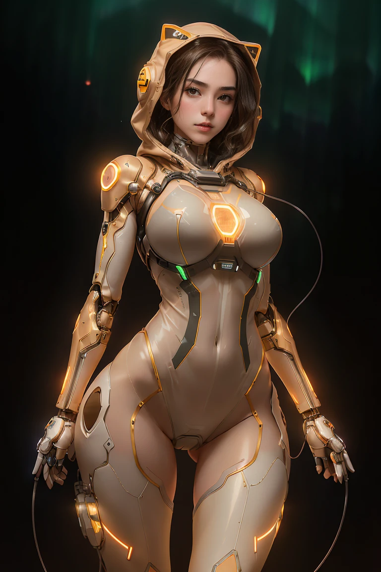 1girl, long hair, black hair, blue eyes, smirk smile, cyberhanfu, cheongsam, cyberwall, cyber city, sitting inside a bar, mechanical parts, cat ear, wolf ear, porcelain skin, tan skin, orange clad, orange armor, orange body suit, white gloves, white headset, wolf tail, open thigh, (((open navel))), revealing breast, (((huge breast))), ((cleavage)) , (masterpiece:1.5), (intricate detail:1.5), (cinematic:1.5), inside a machinery contraption, glass vials, messy room, cables, wires, machinery walls, giant magnet, standing in laboratory, back view, (extreme wide view:1.5)