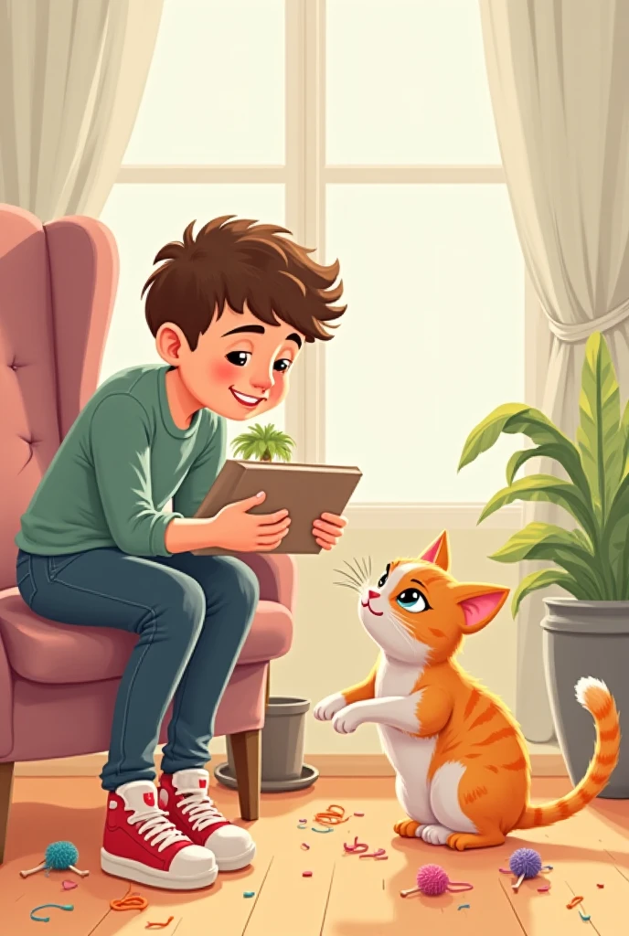 Ek handsome ginger muscular cat jisne white shirt and pent pehni h uske hath me ek note book or pen h or wo ek chote child jisne red t-shirts nikkar pehna h se chair par beth kar bat krte huye seen night ka h dono amne samne bethe h chote boy child ke face par udasi h living room me bethe h cat note book ki taraf dekhte huye likhte huye