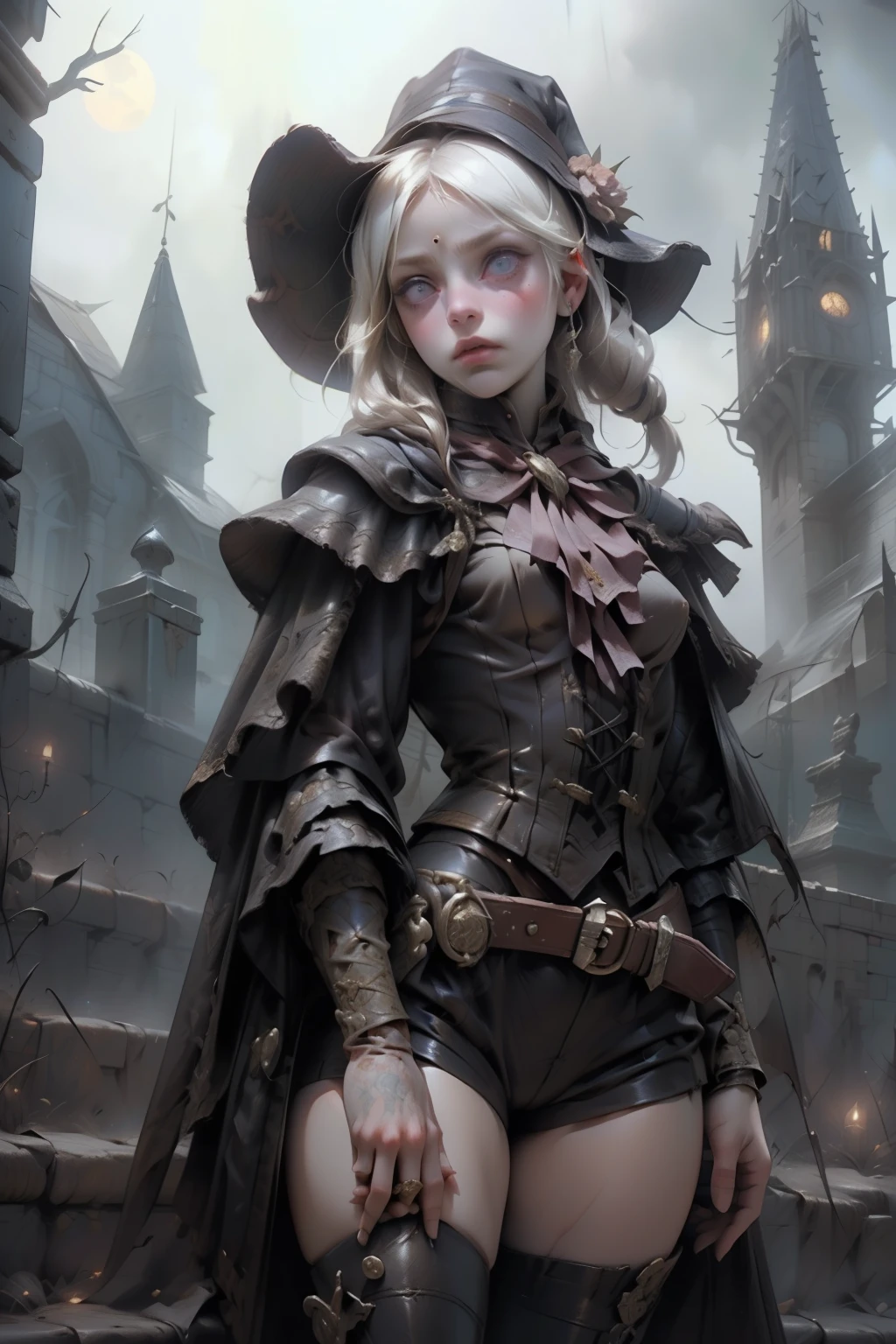 ((best quality)), ((masterpiece)), (detailed), score_9, score_8_up, score_7_up, score_6_up, (1girls), a female occultic knight, witch, knight, wielding a rapier-like sword, perfect face (((mastepiece, of the highest quality, super detailed))), photorealistic, Dark fantasy art, dark fantasy, ((gothic art)), ((Bloodborne inspired)), (Victorian era inspired), (Brotherhood Of The Wolf inspired), (typical witches hat sharing design features of a hunter's cap), (leather trousers with buckles and belts), (occultic vibe), (cosmic horror vibe), (occultic military uniform), (military witch), ((intricate and beautiful cloth and leather clothing)), ((thigh high strapped leather boots)), ((complex buckled leather boots)), (regal and elegant, a person of great social importance), ((mature, foreboding atmosphere)), ((dark and gloomy)), ((((Highly detailed face)))), small thin nose, Small thin lips mouth, (((Very sharp focused eyes))), ((perfect symmetrical beautiful eyes)). looking here, (resolved expression), (resolute expression), (sad face), beautiful (((very small breasts))), (((little boobs))), (((tiny breasts))), (((flat chest:0.1))), (((very tiny boobs))), (((very flat chested))), ((brunette)) hair, ((long ponytail, thick ponytail, heavy ponytail)), very long eyelashes, soft lighting