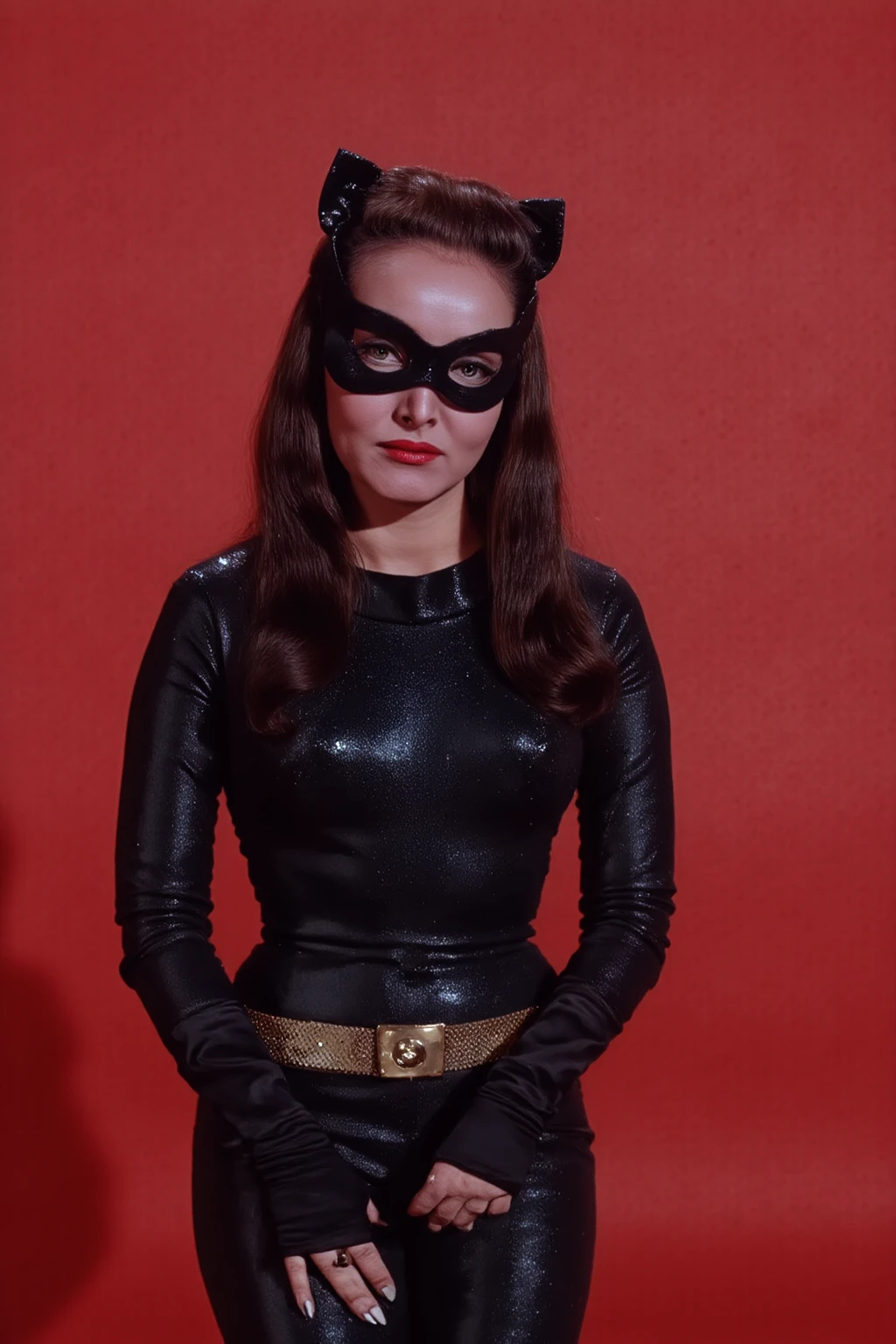 <lora:Batman1966 Style:1> cinematic film still of catwoman, 1966, wearing a cat suit, posing for a picture, Bama1966 Style, long hair, looking at viewer, blue eyes, black hair, gloves, cat ears, jewelry, belt, necklace, lips, bodysuit, classic, vintage, retro, dramatic film lighting, cinematic, Gotham City, ba_ma style, batman style, batman1966 style, shallow depth of field, highly detailed, bokeh, cinemascope, moody, epic, gorgeous, film grain, grainy