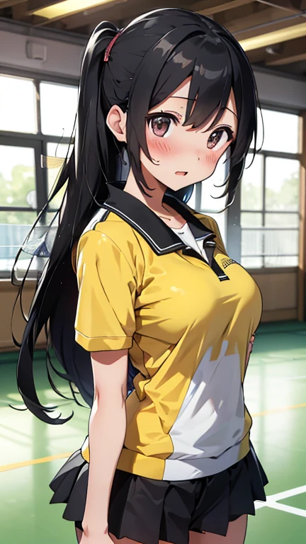 Best Quality, masutepiece, Portrait, , 1girl in, Kotegawa Yui, Black hair, Long hair, Long bangs, Brown eyes, Large breasts, White Uniform, Pleated skirt, crass room, Looking at Viewer, Smile,Photo from below、a miniskirt、Red panties、Yellow vest