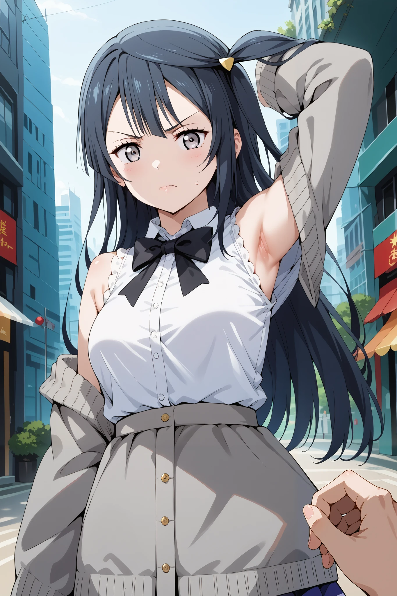 score_9, score_8_up, score_7_up, source_anime, 4K,perfect fingers,(perfect hands, perfect anatomy),prefect lighting, very aesthetic, intricate details,highly detailed background, masterpiece, high quality, best quality,
1girl, setsuna yuuki, yuuki setsuna (love live!), long hair, bangs, black hair, sidelocks, grey eyes, one side up, hair ornament, Large Breast,,
wearing ((black bowtie,white shirt,sleeveless, off shoulder, grey cardigan, open clothes,sleeves past wrists, )),,
looking at viewer, (cowboy shot:1.5),armpits,arm up, (angry), pov, (perfect hands, perfect anatomy),