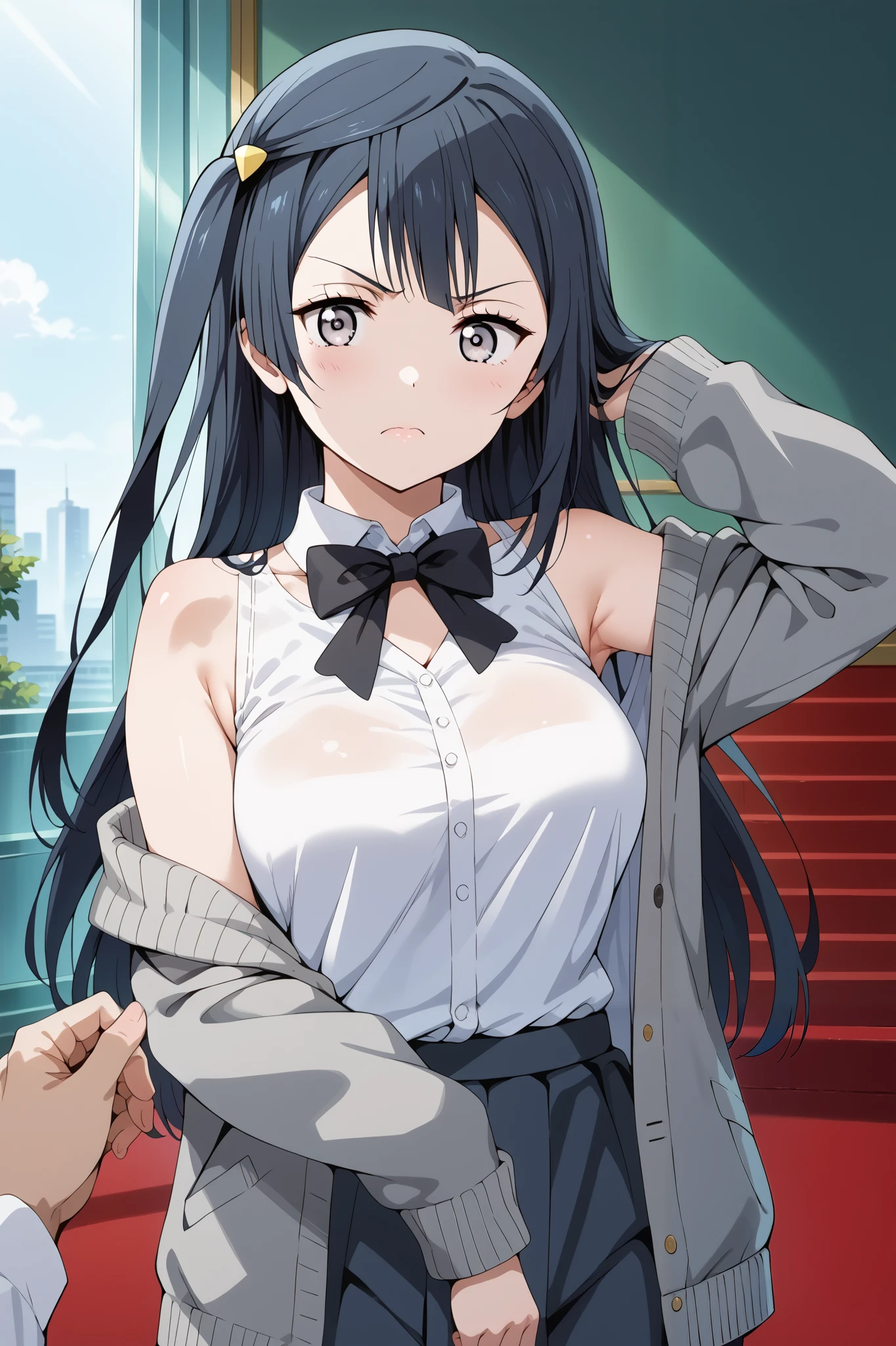 score_9, score_8_up, score_7_up, source_anime, 4K,perfect fingers,(perfect hands, perfect anatomy),prefect lighting, very aesthetic, intricate details,highly detailed background, masterpiece, high quality, best quality,
1girl, setsuna yuuki, yuuki setsuna (love live!), long hair, bangs, black hair, sidelocks, grey eyes, one side up, hair ornament, Large Breast,,
wearing ((black bowtie,white shirt,sleeveless, off shoulder, grey cardigan, open clothes,sleeves past wrists, )),,
looking at viewer, (cowboy shot:1.5),armpits,arm up, (angry), pov, (perfect hands, perfect anatomy),