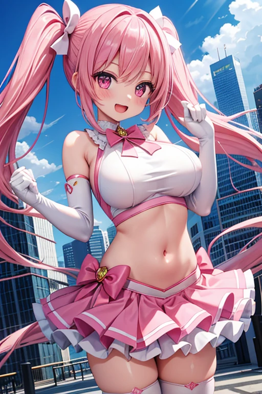 (Perfect Anatomy)、Mastepiece、Ultra High Quality、 8K、masterpiece、Highest quality、Ultra-high resolution、Maximum resolution、Very detailed、Professional Lighting、anime、woman、thin、so beautiful、Highly detailed eye、Highly detailed face、Golden earrings、Pink Hair,、Pink eyes、Mid-chest, pink lips, upper arm pink armor, white leotard, pink pattern, full body, magical girl, Angel Girl, Are standing, pink thigh high stockings, white super long boots, pink gauntlet, high heels, hime cut, bridal hair accessory, kneeling