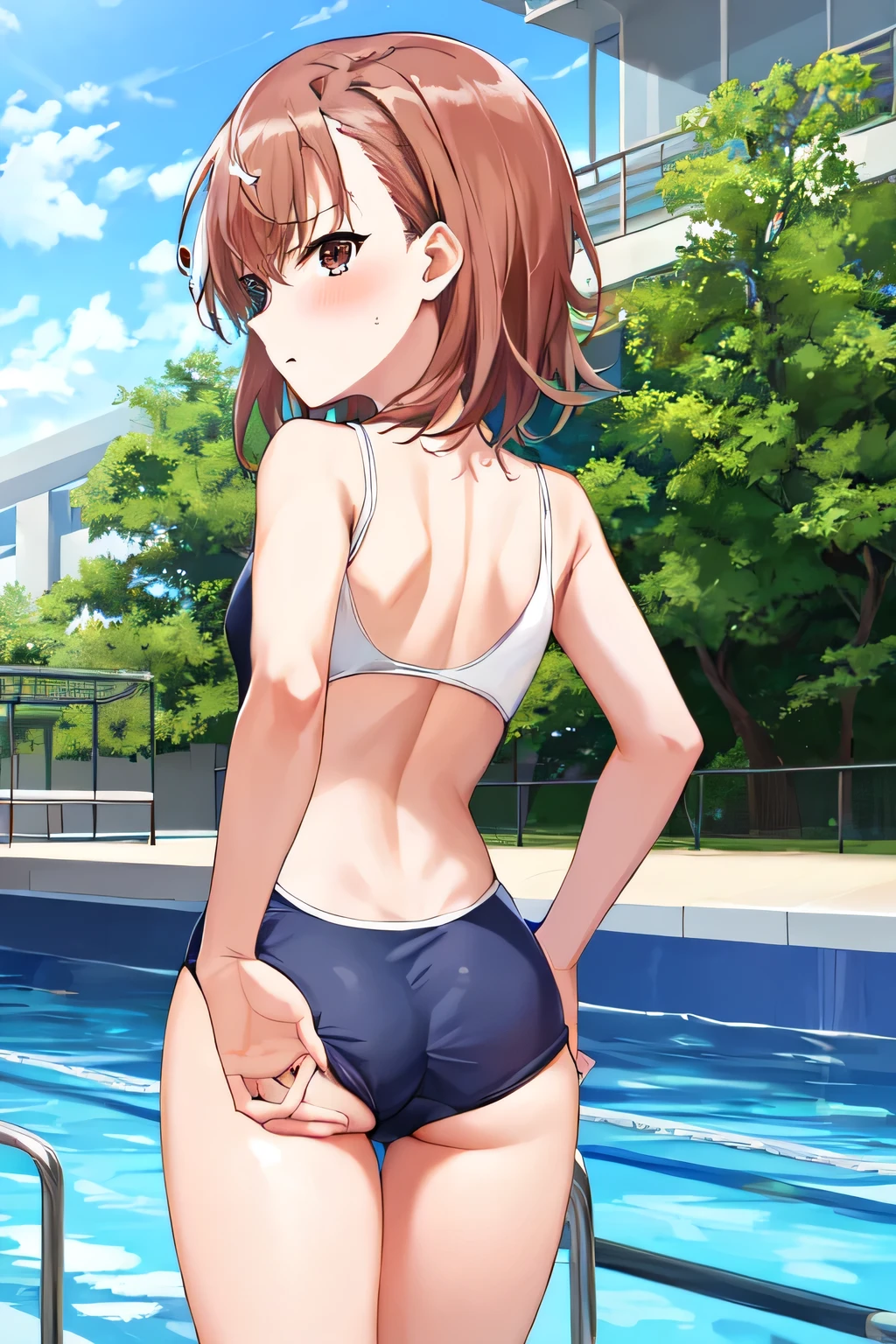 back shoot, 1girl, Misaka Mikoto, wedging swimsuits to butt with one hand:1.4, look back, navy swimsuit, one-piece swimsuit:1.1, school swimsuit:1.1, old school swimsuit, covered navel, slightly angry, blush:1.1, hiding her embarrassment, school pool, (extremely detailed CG, masterpiece, highres icon,absurdres,4K),