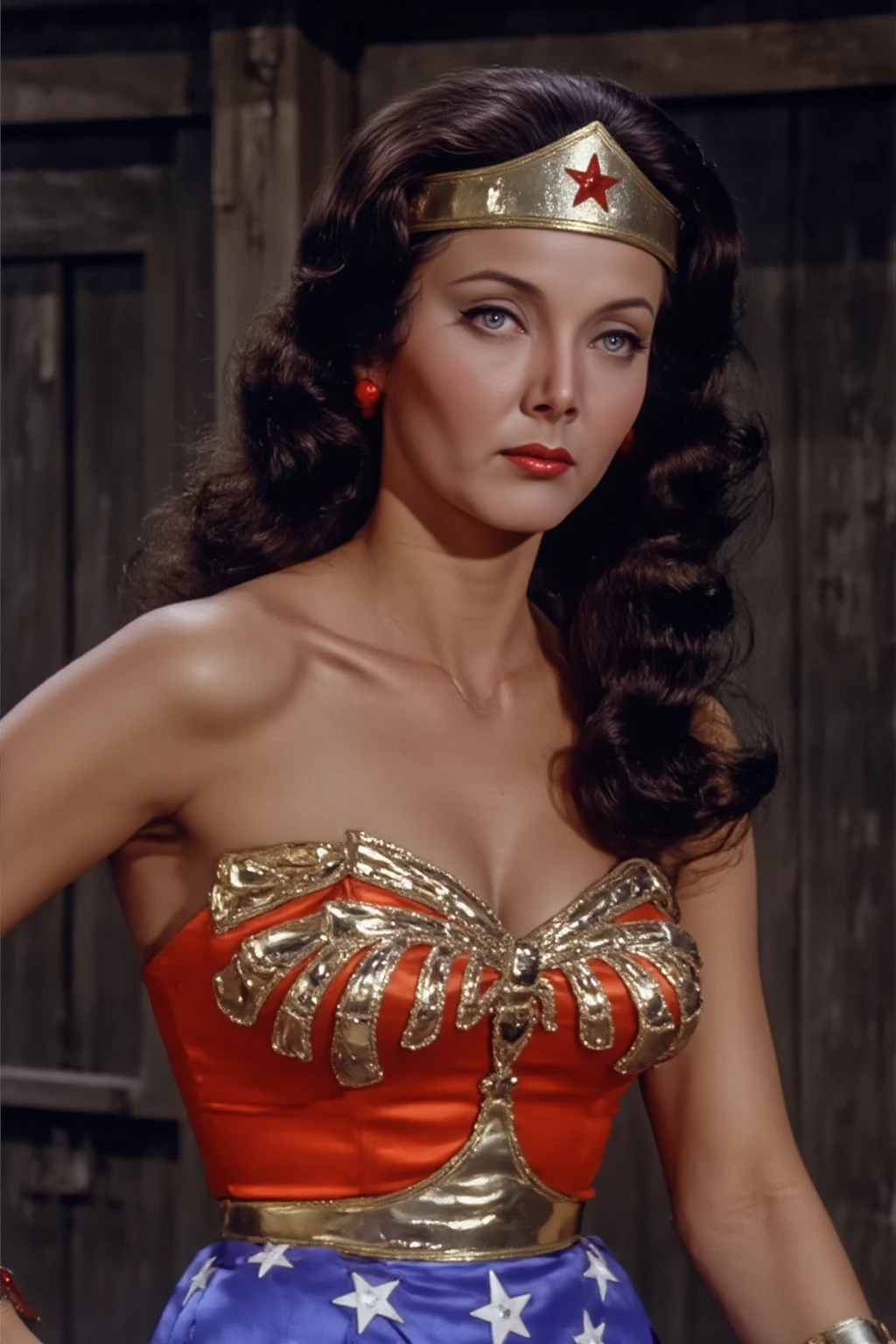A high quality 1940s fantasy movie still, (black and white) monochrome, with heavy film grain. (full body photo). Soft, dramatic lighting. A seductive evil ((45 year old)) (Jewish woman), straight hair, queen, revealing outfit, large chest, ((plunging neckline)), wearing small ruby tiara, Large nose, wide chin, with broad shoulders, (thick body), wide hips, tan skin, long flowing open cape. Set in open fantasy (throne room), with a view to outside, beautiful masonry of an ancient elven castle. Soft warm candlelight. High Resolution, Very Long Hair, Large breasts,
