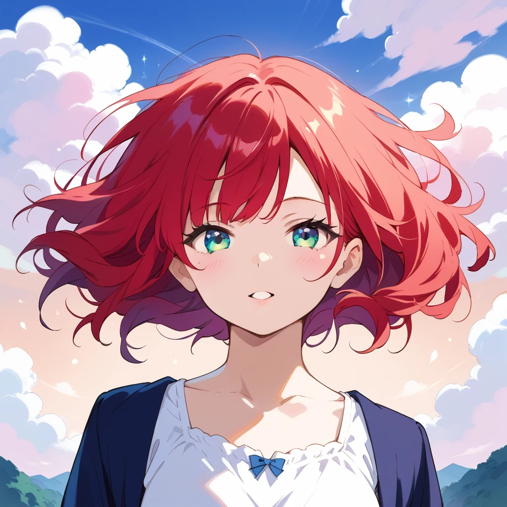(incredibly absurdres), (best quality), high resolution, highres, distinct image, solo focus, flying, sky high, air current, (above clouds:1.3), (Air Drop, high falling:1.1), 1girl,  red hair, red eyes, medium breast,from above, ground,