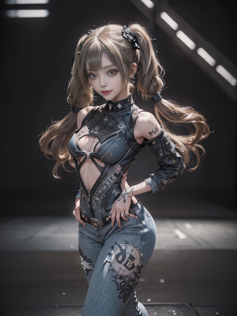 (Full Body View:1.2)、(Side view:1.1)、(Smiling with teeth showing:1.3),(Shibuya Gal:1.5)、(Goth Style Fashion:1.5)、(Punk RockVisual Kei:1.5)、(Wearing a rhythmic gymnastics bodysuit with intricate details:1.4)、(Racing suit and pants in white, denim and dark grey with delicate decorations:1.5)、(Denim and light blue and black boots:1.3)、((belt))、(Numerous delicate logo marks all over the costume:1.4)、(collar:1.3)、(Striped underwear:1.5)、20-year-old、NSFW、((Highest quality、In 8K、masterpiece:1.3))、Sharp focus:1.2、(Layered Cut、Huge boobs:1.1),Beautiful woman with perfect figure:1.4、(Doing an aerobics pose:1.3)、Slender Abs:1.2、Highly detailed face and skin texture、Detailed eyes、double eyelid,(Twin tails:1.3)、(Brown-golden hair:1.3)、Gravure idol、(The background is a beautiful crystal underground palace:1.3)、(Slim Body:1.3),(Make your legs thinner:1.4),(Thin thighs:1.1)、(clavicle:1.1)
