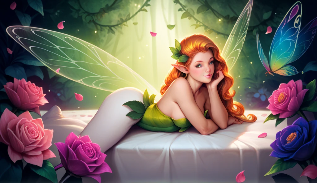 a beautiful girl bent over a lying monster - close-up , A small scarlet flower grows nearby , fairy garden, Beautiful, realistically, filigree, light particles, fantasy, botanical, octane, reality SwiftKey, neon render of a scarlet flower