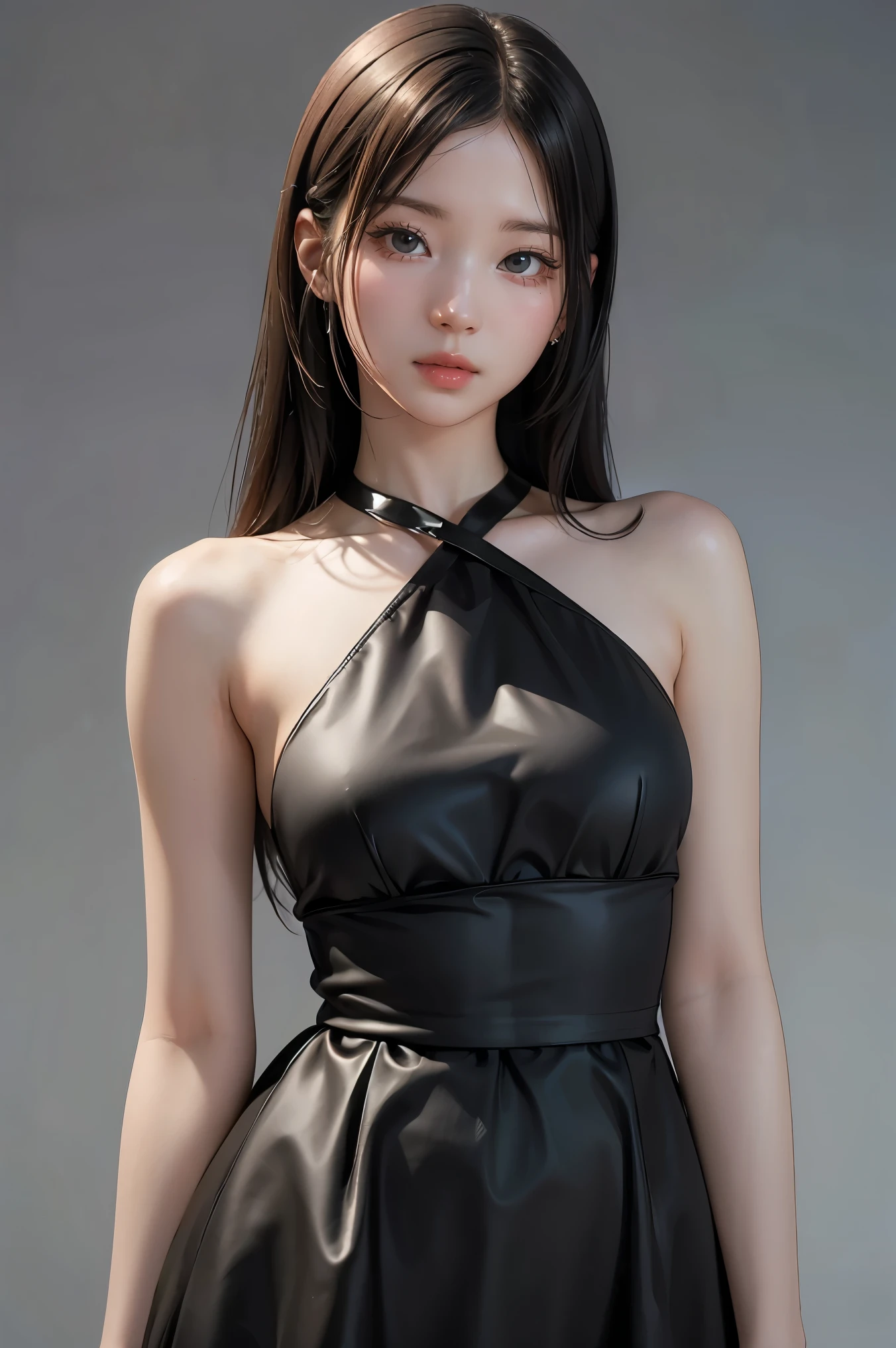 1girl, black formal long dress,white background, <lora:Minggomut-02:1>
