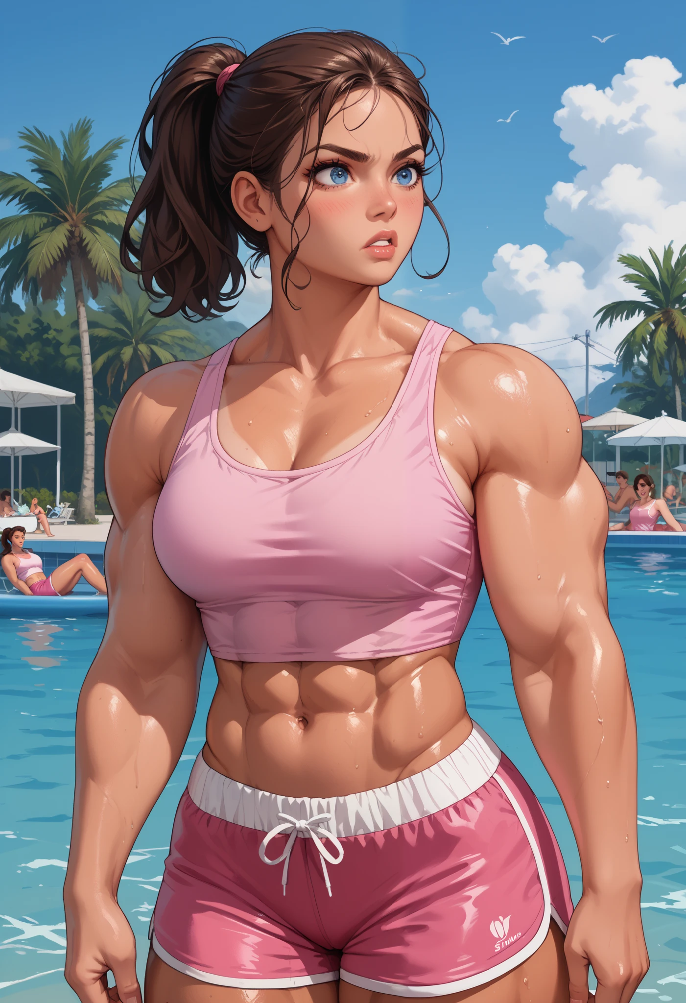 Dominic, rathing_questionable , (brunette tanned,) thick eyelashed, nice eyebrowed, plastic lips, brown ponytail,  blue eyes, thick legged, plastic breasted , (pink cropped swim tank top
) (pink swim shorts) , ((muscular:0.2)) , ((big breasts:0.4)), strong ,sexy, shouted in very shock  ( Walking along the edge of the hotel rooftop swimming) angry