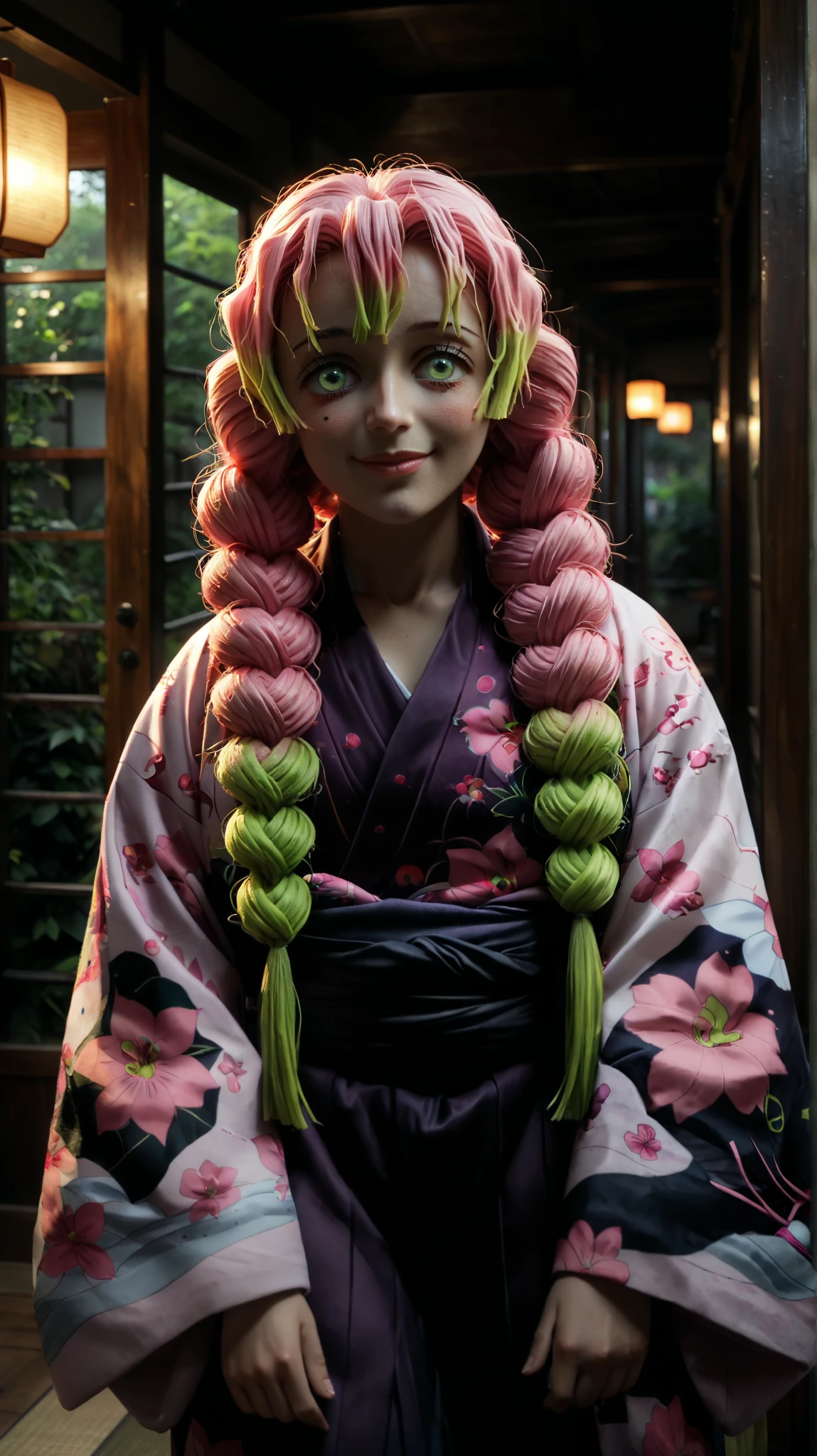 score_9,
KanrojiMitsuri,
1girl, solo, closed mouth, smile, blush,
multicolored hair, pink hair, green hair, multiple braids, green eyes, lips, mole under each eye,
MitsuriKimono, print kimono, purple kimono, grey sash,
standing, looking at viewer,
indoors, blurry background, photo background, sliding doors
