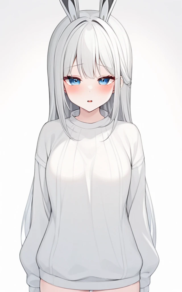 Beautiful Teenage Girl, Wavy White Hair, BigEyes, Small Nose, Medium Breasts, Blue Shirt, Black Pants, Looking Foward, Standing Pose, Neutral Face Expression