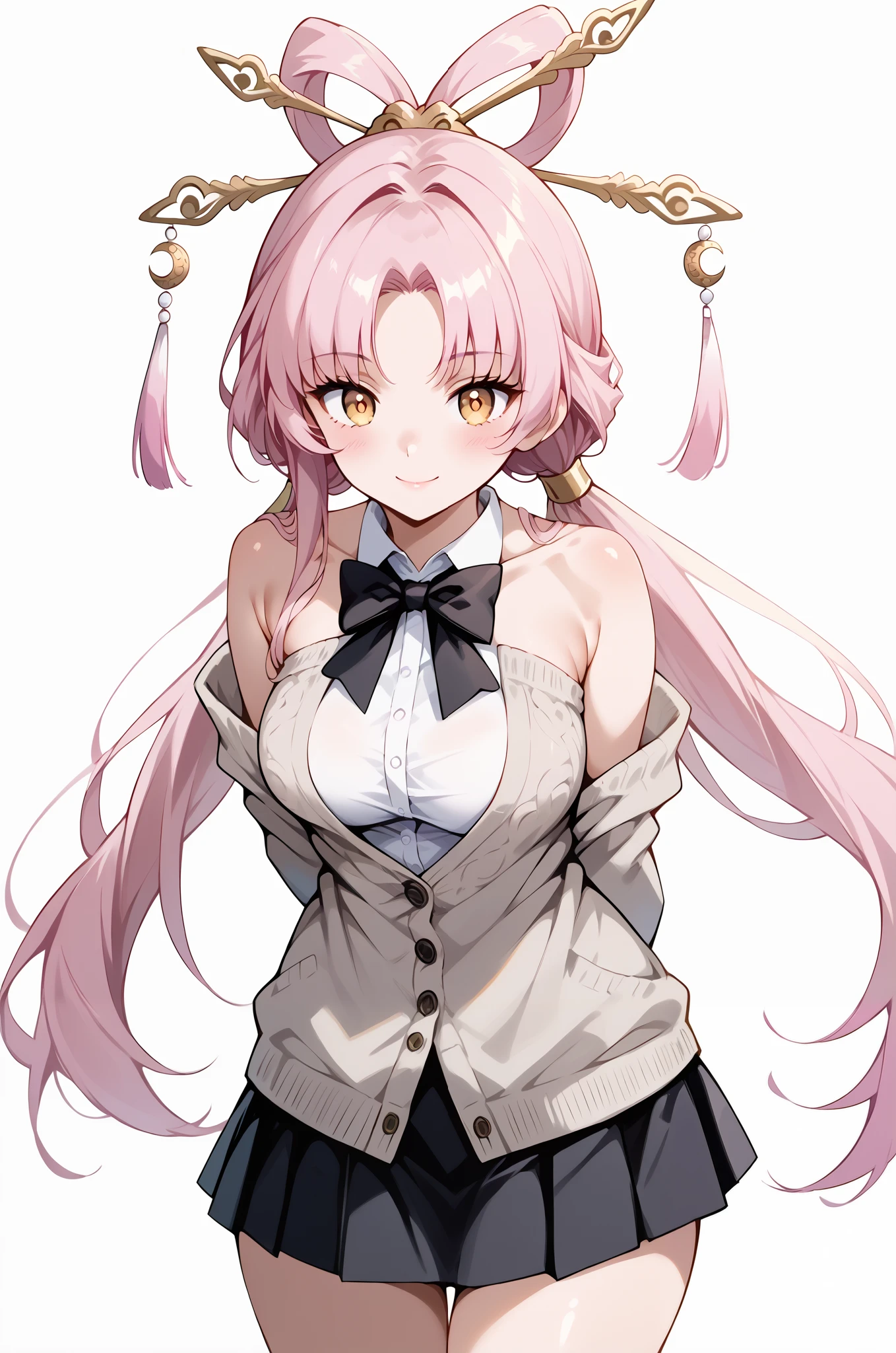 score_9, score_8_up, score_7_up, source_anime, 4K,perfect fingers,(perfect hands, perfect anatomy),prefect lighting, very aesthetic, intricate details,highly detailed background, masterpiece, high quality, best quality,
1girl,solo,fu xuan, pink hair, yellow eyes, bare shoulders, parted bangs, twin tails, bow-shaped hair, low twintails,Large Breast,
wearing ((black bowtie,white shirt,sleeveless, off shoulder, grey cardigan, open clothes,sleeves past wrists, black skirt,    )),,
((White plain background:1.5)) , looking at viewer, smile,((hands behind back:1.5)), (perfect hands, perfect anatomy),cowboy shot, filed, high thigh individual , fullbody,Stand up,((front look:1.5)),leaning forward:1.3,