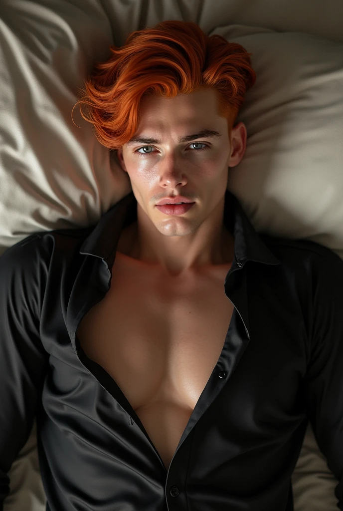 Cute gay masculine boy sexy naughty femboy bottom lying in bed red hair skinny body cute expression white skin soft chin.
