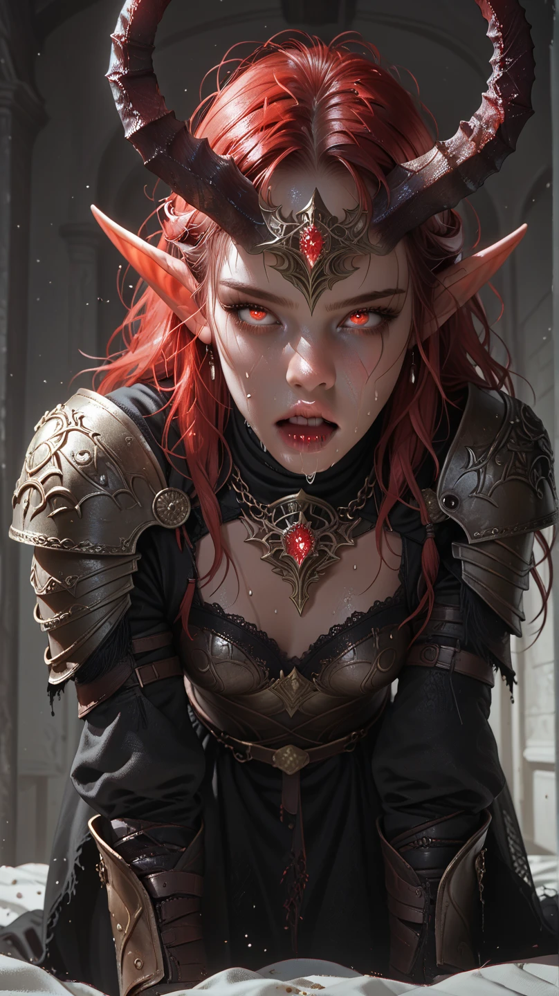 (young adult woman,half elf:1.1,side part hairstyle,dark green eyes,beautiful detailed eyes, fangs, sharp teeth) (demon morph,vivid colors:1.1),(mileena mortal kombat:1.1), (redhead,red hair:1.1),(dark attire), (powerful), (magic), (blood), (vampire:0.9) (best quality,4k,8k,highres,masterpiece:1.2),ultra-detailed,(realistic,photo-realistic:1.37),HDR,studio lighting