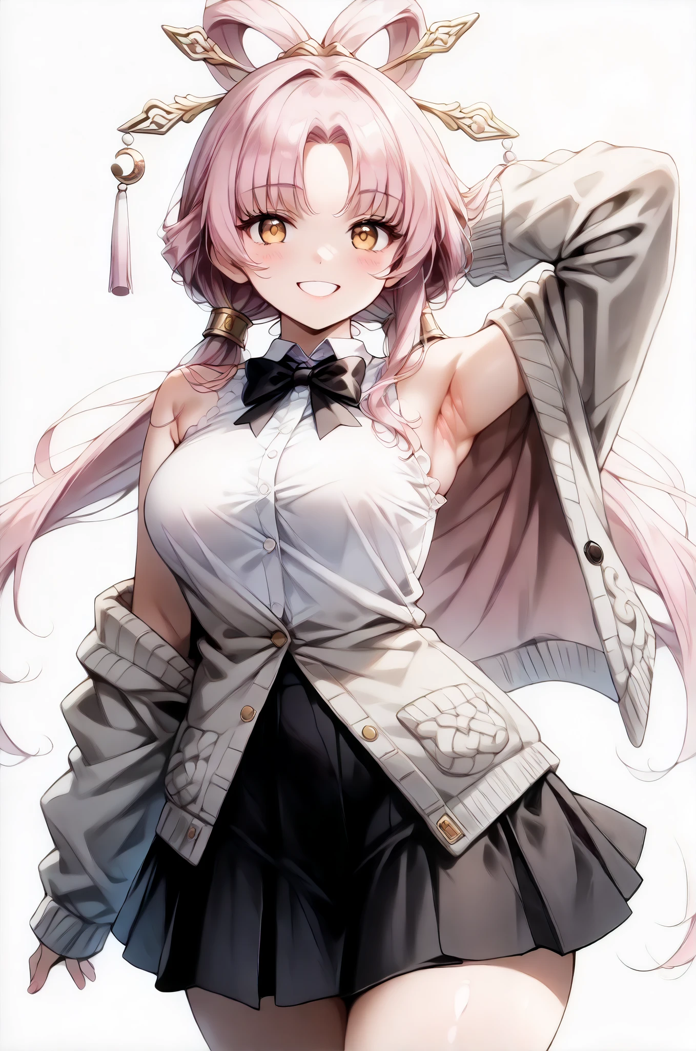 score_9, score_8_up, score_7_up, source_anime, 4K,perfect fingers,(perfect hands, perfect anatomy),prefect lighting, very aesthetic, intricate details,highly detailed background, masterpiece, high quality, best quality,
1girl,solo,fu xuan, pink hair, yellow eyes, bare shoulders, parted bangs, twin tails, bow-shaped hair, low twintails,Large Breast,
wearing ((black bowtie,white shirt,sleeveless, off shoulder, grey cardigan, open clothes,sleeves past wrists, black skirt,    )),,
((White plain background:1.5)) , looking at viewer, smile,((armpits,arm up:1.5)), (perfect hands, perfect anatomy),cowboy shot, filed, high thigh individual , fullbody,Stand up,((front look:1.5)),leaning forward:1.3,