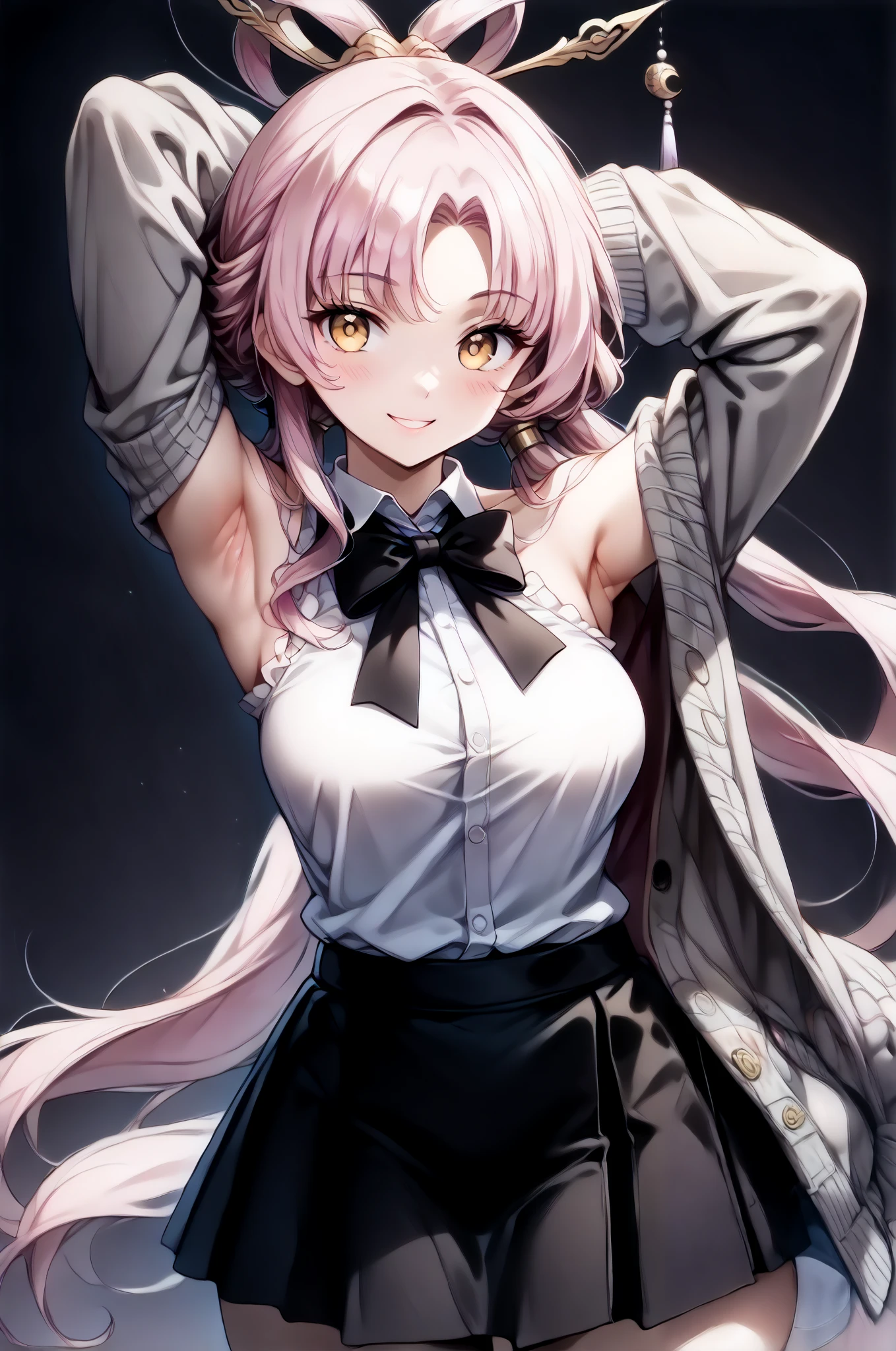 score_9, score_8_up, score_7_up, source_anime, 4K,perfect fingers,(perfect hands, perfect anatomy),prefect lighting, very aesthetic, intricate details,highly detailed background, masterpiece, high quality, best quality,
1girl,solo,fu xuan, pink hair, yellow eyes, bare shoulders, parted bangs, twin tails, bow-shaped hair, low twintails,Large Breast,
wearing ((black bowtie,white shirt,sleeveless, off shoulder, grey cardigan, open clothes,sleeves past wrists, black skirt, )),,
((White plain background:1.5)) , looking at viewer, smile,((armpits,arm up:1.5)), (perfect hands, perfect anatomy),cowboy shot, filed, high thigh individual , fullbody,Stand up,((front look:1.5)),leaning forward:1.3,