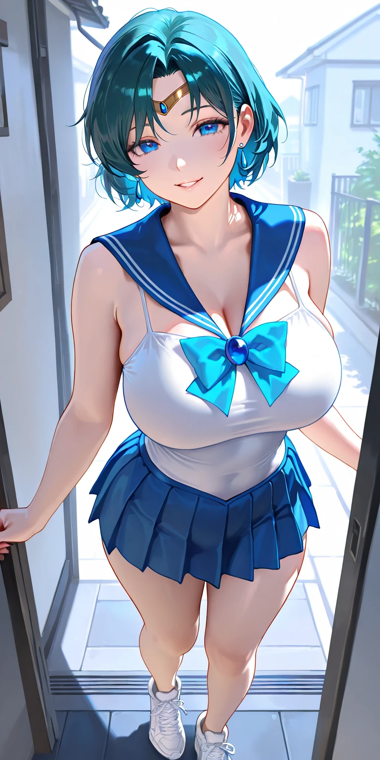 (Solo, 1girl in), (absurderes, hight resolution, official wallpaper, poster for), (masutepiece, Best Quality:1.2), (Illustration, Realistic), (perfect  detail, highest details, ighly detailed), Dramatic light, Ami Mizuno, (Sailor Mercury, Neck ribbon, Blue hair, Short hair, circlet, Jewelry, Crescent Earrings), long full black hair、超大きなおっぱいをA naked policewoman with huge breasts, tied up with ropeの子　Big nipples, huge breasts, super busty girl　Erect nipples Pussy　She is tied up and put on a go-kart with her legs spread, exposing her huge tits　A naked policewoman with huge breasts, tied up with rope　Super busty  with huge nipples　Exposed huge boobs　Erect nipples Pussy　headset　Police hat　sunglasses　Black Stockings　Big Ass
