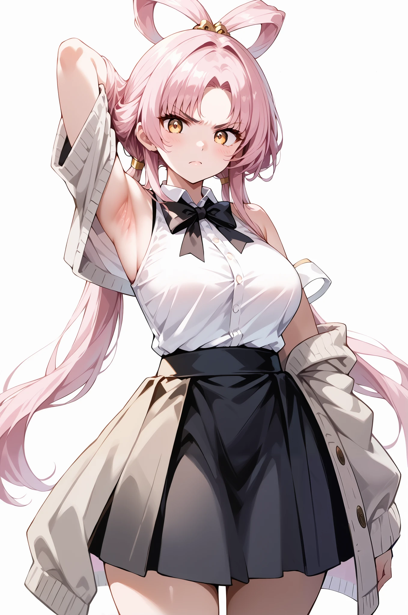score_9, score_8_up, score_7_up, source_anime, 4K,perfect fingers,(perfect hands, perfect anatomy),prefect lighting, very aesthetic, intricate details,highly detailed background, masterpiece, high quality, best quality,
1girl,solo,fu xuan, pink hair, yellow eyes, bare shoulders, parted bangs, twin tails, bow-shaped hair, low twintails,Large Breast,
wearing ((black bowtie,white shirt,sleeveless, off shoulder, grey cardigan, open clothes,sleeves past wrists, black skirt, suspender skirt, )),,
((White plain background:1.5)) , looking at viewer, (angry),((armpits,arm up:1.5)), (perfect hands, perfect anatomy),cowboy shot, filed, high thigh individual , fullbody,Stand up,((front look:1.5)),