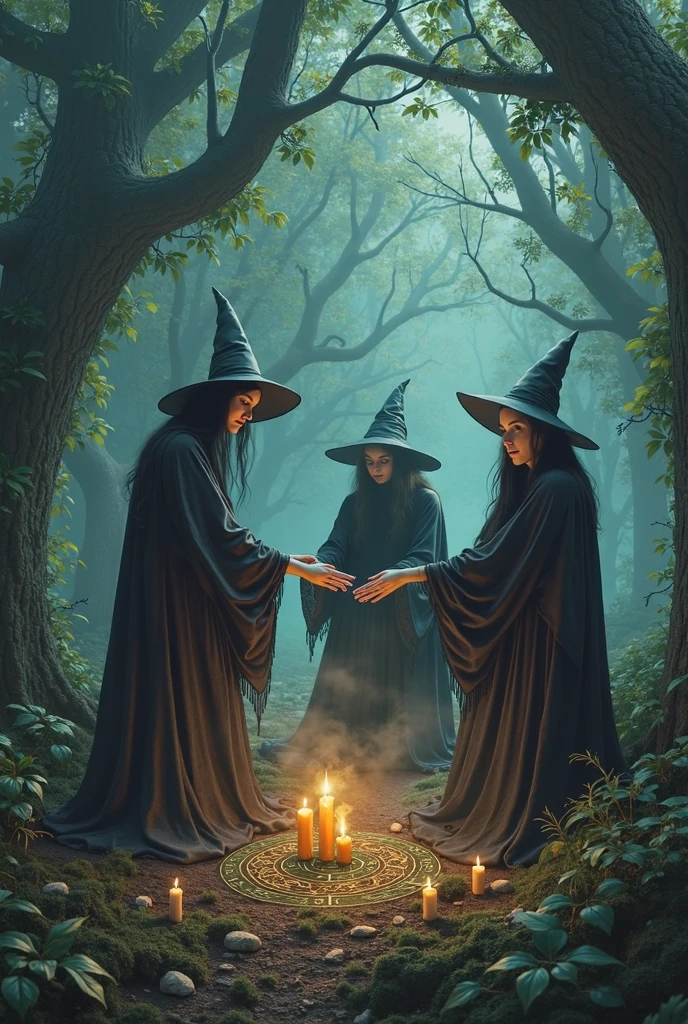 Design of Halloween Witches and ghosts inside a dark house. Estilo de pintura arte de pared. Dark Gothic style. autumn season.
