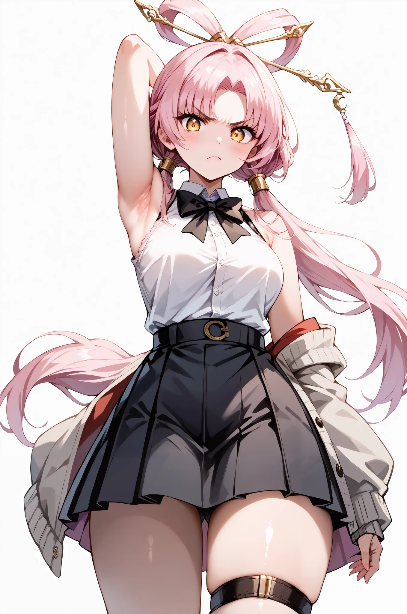 score_9, score_8_up, score_7_up, source_anime, 4K,perfect fingers,(perfect hands, perfect anatomy),prefect lighting, very aesthetic, intricate details,highly detailed background, masterpiece, high quality, best quality,
1girl,solo,fu xuan, pink hair, yellow eyes, bare shoulders, parted bangs, twin tails, bow-shaped hair, low twintails,Large Breast,
wearing ((black bowtie,white shirt,sleeveless, off shoulder, grey cardigan, open clothes,sleeves past wrists, black skirt, suspender skirt, thigh strap,    )),,
((White plain background:1.5)) , looking at viewer, (angry),((armpits,arm up:1.5)), (perfect hands, perfect anatomy),cowboy shot, filed, high thigh individual , fullbody,Stand up,((front look:1.5)),