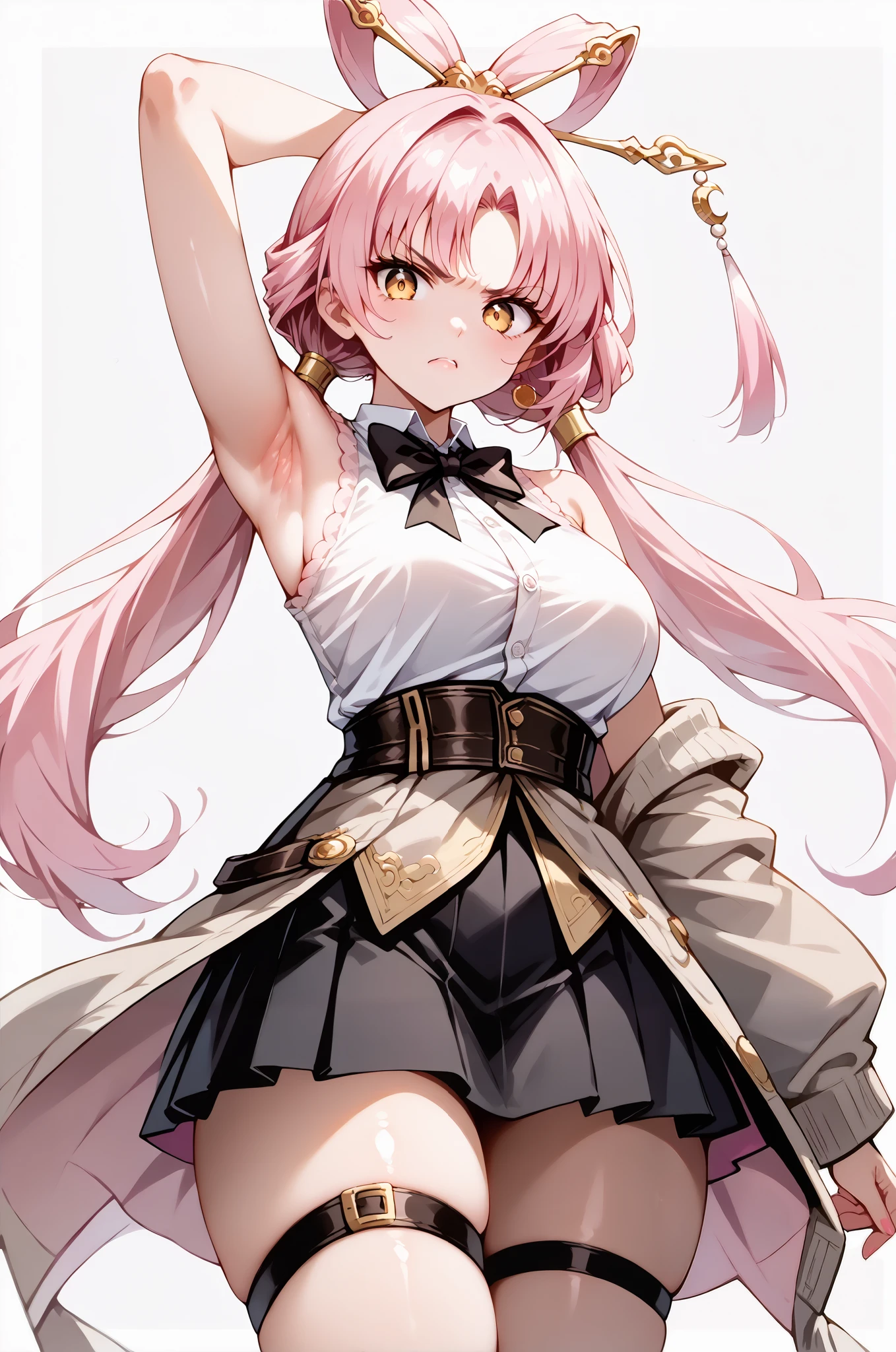 score_9, score_8_up, score_7_up, source_anime, 4K,perfect fingers,(perfect hands, perfect anatomy),prefect lighting, very aesthetic, intricate details,highly detailed background, masterpiece, high quality, best quality,
1girl,solo,fu xuan, pink hair, yellow eyes, bare shoulders, parted bangs, twin tails, bow-shaped hair, low twintails,Large Breast,
wearing ((black bowtie,white shirt,sleeveless, off shoulder, grey cardigan, open clothes,sleeves past wrists, black skirt, suspender skirt, thigh strap, )),,
((White plain background:1.5)) , looking at viewer, (angry),((armpits,arm up:1.5)), (perfect hands, perfect anatomy),cowboy shot, filed, high thigh individual , fullbody,Stand up,((front look:1.5)),