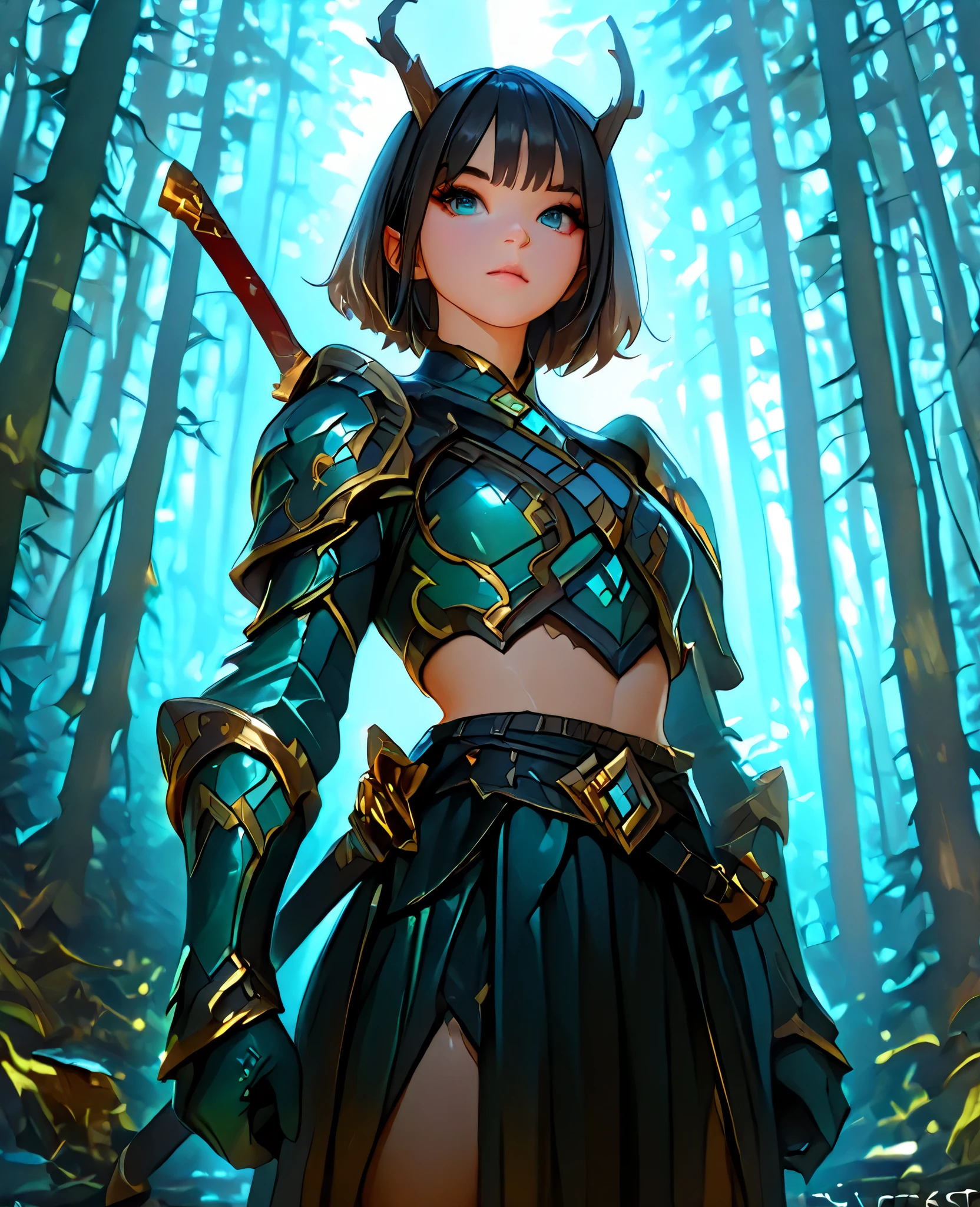 1girl, multiple view, mythical dragon gloves, katana on her waist, stylish clothes, photorealistic, highly detailed, masterpiece, 8k, intricate fantasy scene, lush forest environment, dramatic lighting, cinematic composition, digital art, fantasy concept art