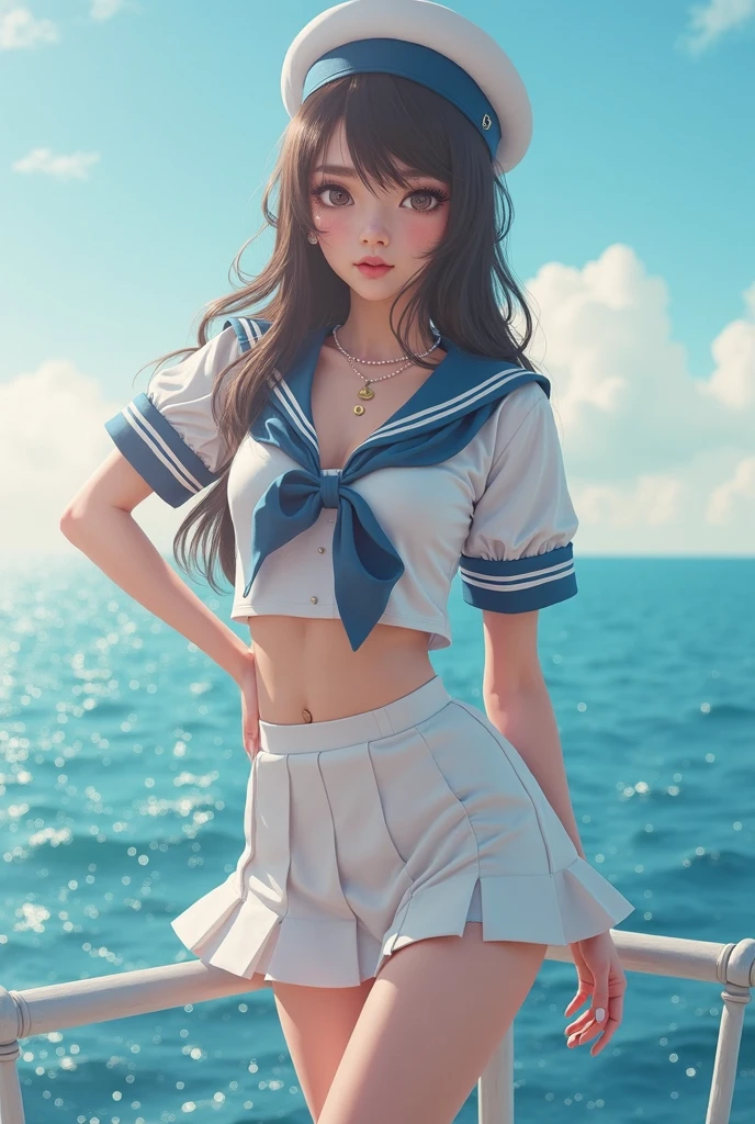 masuter piece, best qualtiy, (realisitic, Photorealsitic:1.37), ((独奏)), 8K image quality, Extremely delicate and beautiful, splendid, Official art with attention to detail, Ridiculous, Unbelievably ridiculous, huge filesize, ultra-detailliert, ighly detailed, (Petite and cute girl), (detailed girl), extremely detailed eye and face, Beautiful detailed eyes, Light makeup,, (Slender and perfect female figure), tiny chest, Slim waist, small ass, (Korean  beauty), ((fullllbody)), ((Put the head in the frame)),  (a sailor suit), (Sailor Hut), At the port, ssmile,