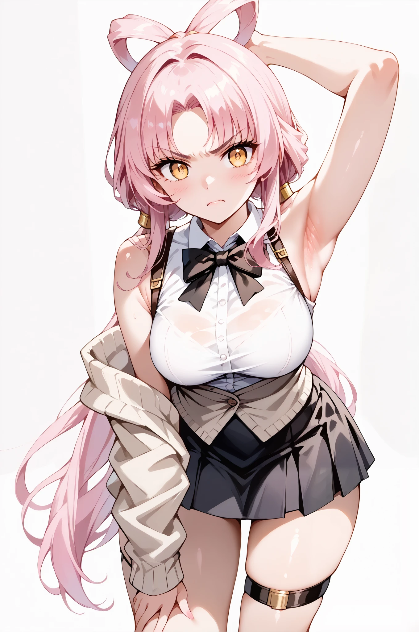 score_9, score_8_up, score_7_up, source_anime, 4K,perfect fingers,(perfect hands, perfect anatomy),prefect lighting, very aesthetic, intricate details,highly detailed background, masterpiece, high quality, best quality,
1girl,solo,fu xuan, pink hair, yellow eyes, bare shoulders, parted bangs, twin tails, bow-shaped hair, low twintails,Large Breast,
wearing ((black bowtie,white shirt,sleeveless, off shoulder, grey cardigan, open clothes,sleeves past wrists, black skirt, suspender skirt, thigh strap, )),,
((White plain background:1.5)) , looking at viewer, (angry),((armpits,arm up:1.5)), (perfect hands, perfect anatomy),cowboy shot, filed, high thigh individual , fullbody,Stand up,((front look:1.5)),((leaning forward:1.5)),