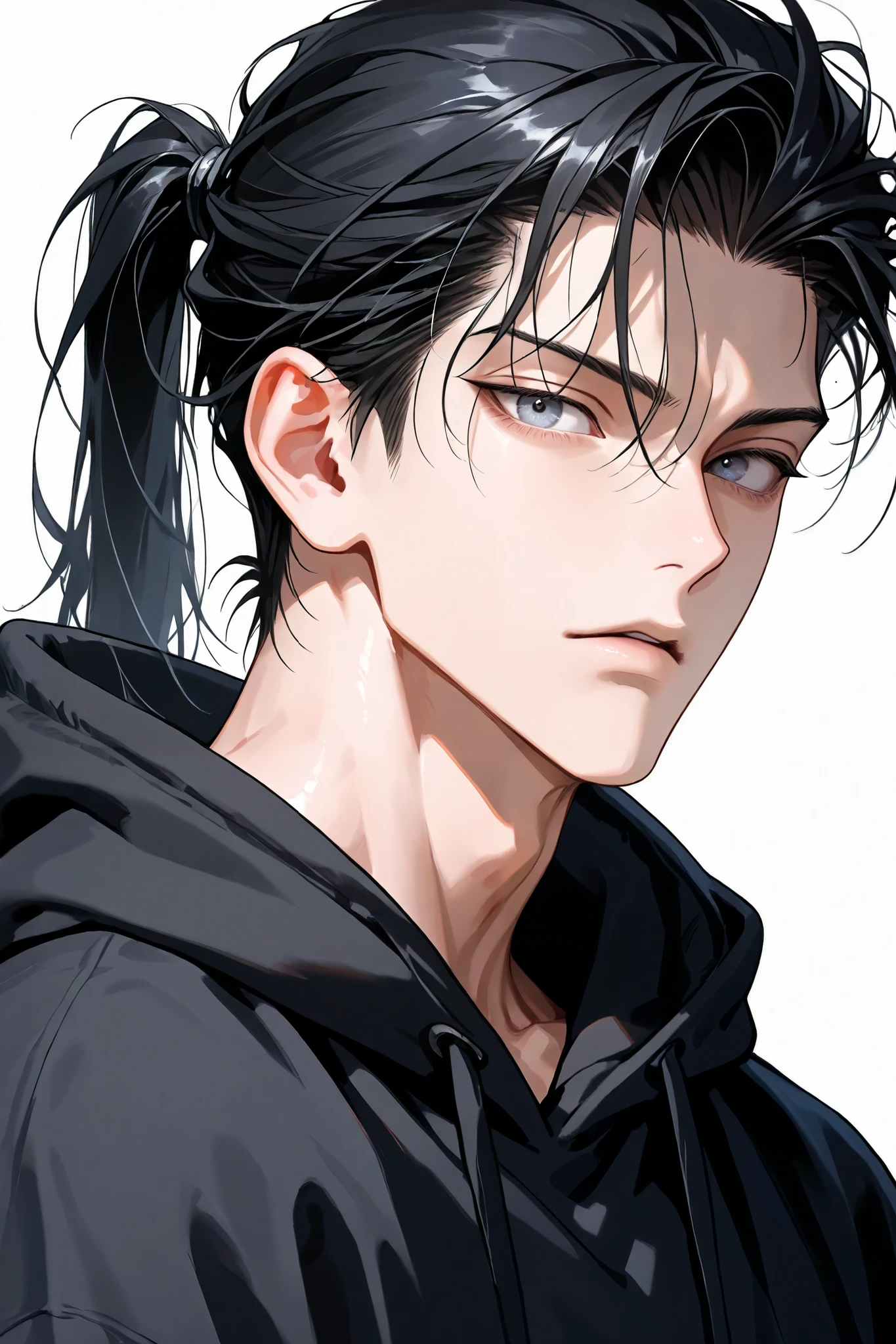 portrait, 1boy, handsome, slender but toned build, long black hair, ponytail, blue-grey eyes, wearing a black hoodie and black pants, standing, white background, absurdres, highquality, ultradetail, neutral face, looking at viewer, eye detail,