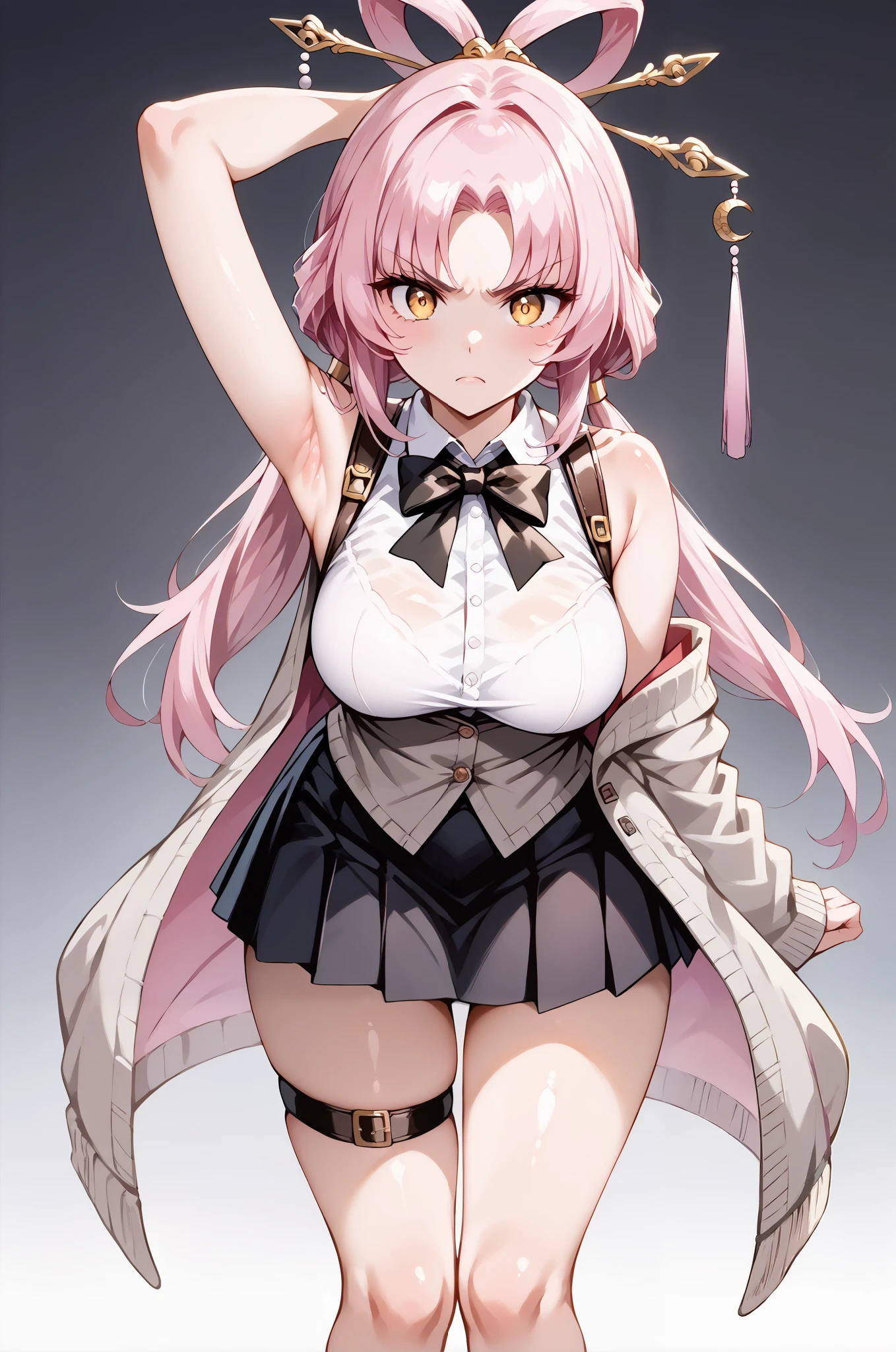 score_9, score_8_up, score_7_up, source_anime, 4K,perfect fingers,(perfect hands, perfect anatomy),prefect lighting, very aesthetic, intricate details,highly detailed background, masterpiece, high quality, best quality,
1girl,solo,fu xuan, pink hair, yellow eyes, bare shoulders, parted bangs, twin tails, bow-shaped hair, low twintails,Large Breast,
wearing ((black bowtie,white shirt,sleeveless, off shoulder, grey cardigan, open clothes,sleeves past wrists, black skirt, suspender skirt, thigh strap,    )),,
((White plain background:1.5)) , looking at viewer, (angry),((armpits,arm up:1.5)), (perfect hands, perfect anatomy),cowboy shot, filed, high thigh individual , fullbody,Stand up,((front look:1.5)),((leaning forward:1.5)),