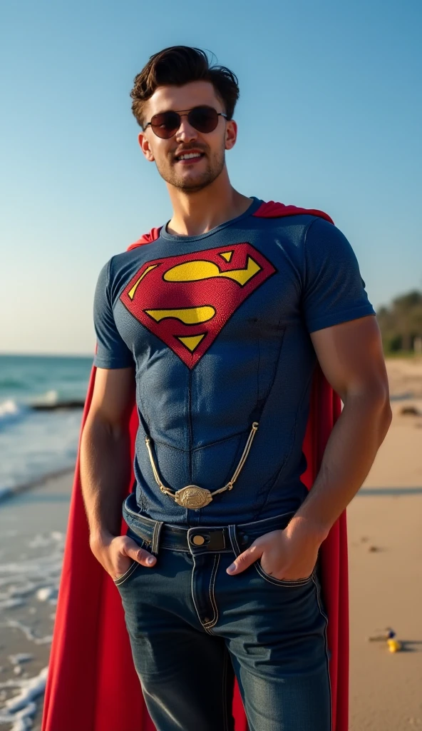Caim e Abel 1 man full body fully shaven black hair blue eyes huge muscular 13 big thick penis large testicles greeting the viewer superman costume  age 45 morning