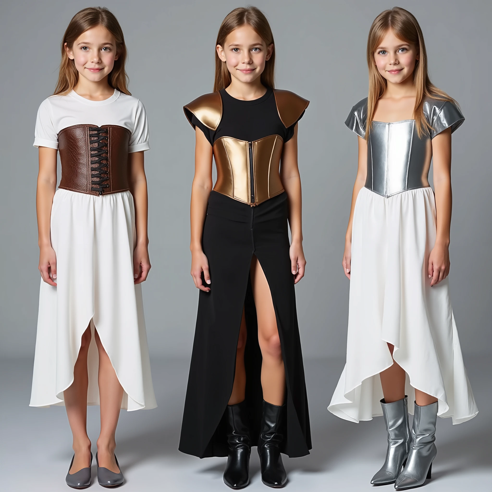 The same young girl is standing exactly full-length image, dressed in three types of robes, 1 type - dressed in a white dress with a leather corset, grey shoes, 2 type - dressed in a black satin dress with a cut out on the leg, bronze corset, Leather shoulder pads, black heeled boots with pointed toes, 3 type - dressed in a white satin dress, silver corset, silver shoulder pads and high-heeled boots with pointed toes, stands on a gray background .