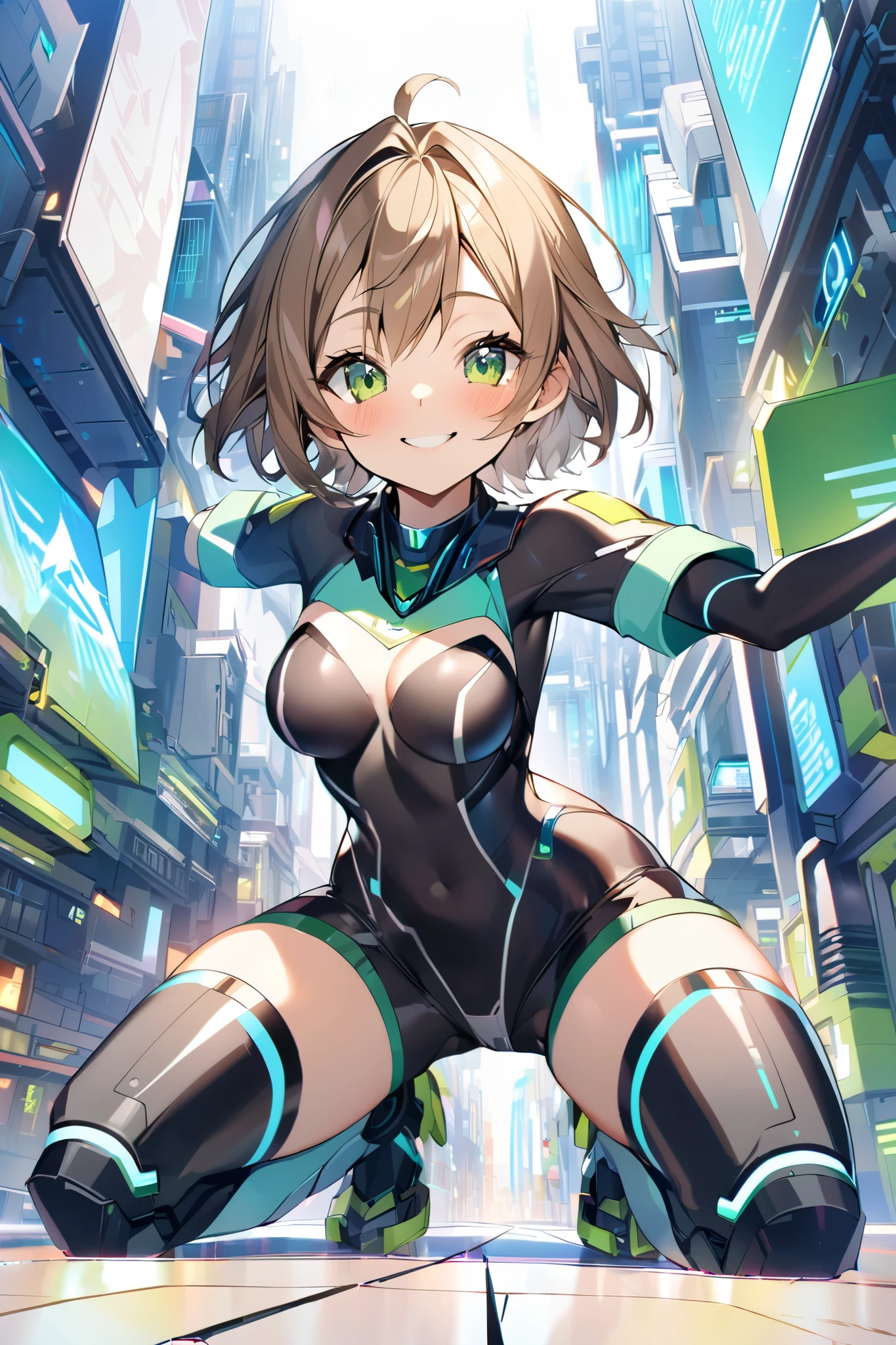 aile_megamanzx, kneeling with one hand on the ground and the other arm raised, 1girl, solo, short hair, brown hair, short sleeves, (bodysuit), robot ears, green eyes, very_short_shorts, short sleeves, short over long sleeves, smile, in futuristic city, , high quality, medium_breasts,crotch, slouch,groin