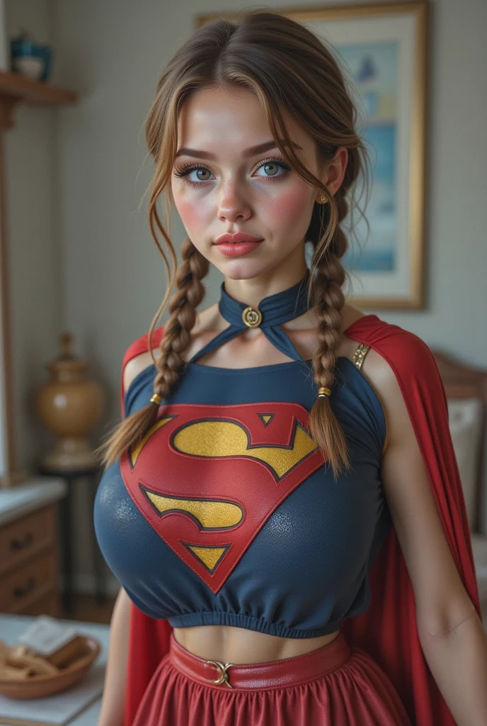 superhero, superhero costume, 1 girl, bikini, (preteen:1.5), hour glass figure, massive breasts, cleavage, (red highlights:1.1), (smokey eye makeup:1), (blue eyes:1), (hair pulled back:1.3), wavy hair, (laying down on a bed:1), (laying on her back:1), seductive pose