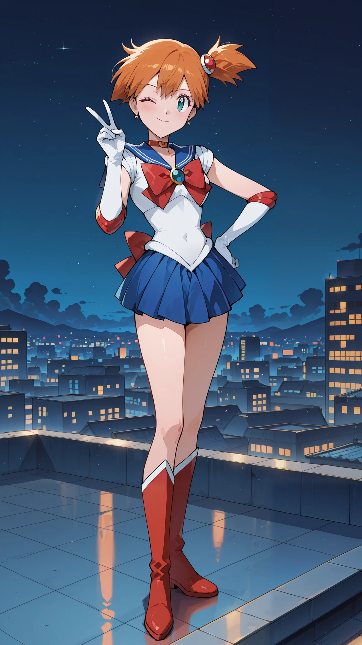 masterpiece, best quality,
anime screenshot, 1girl, solo, misty \(pokemon\), side ponytail, sailor senshi uniform, sailor moon \(cosplay\), red boots, sky, city, rooftop, v, smile, one eye closed,
newest, absurdres, highres, full body stand, night