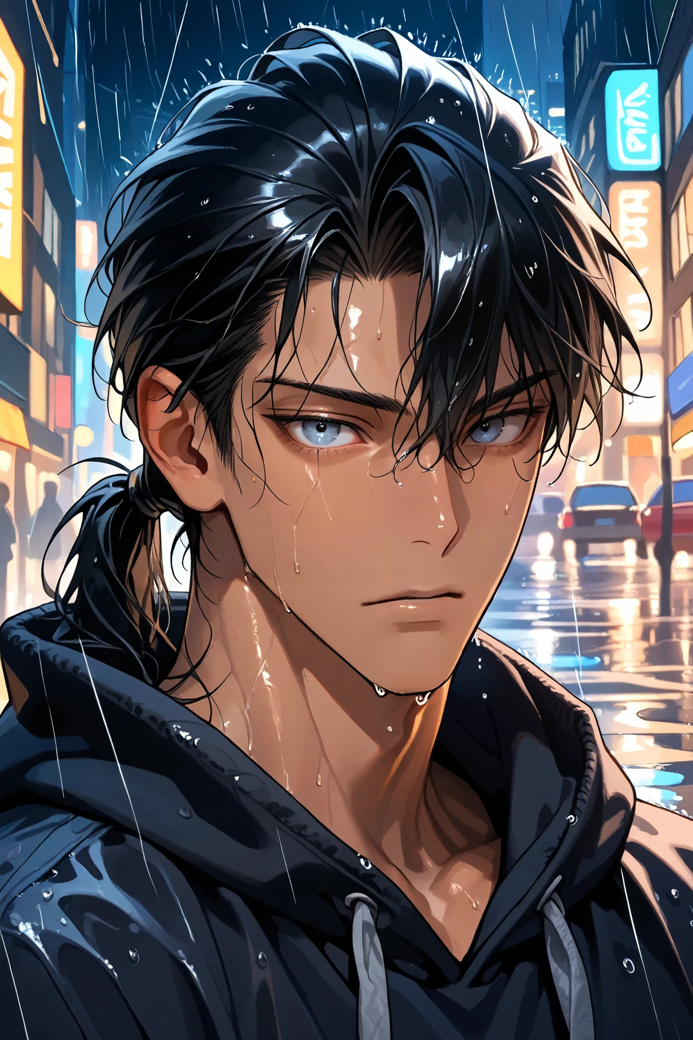portrait, 1boy, handsome, slender but toned build, long black hair, ponytail, blue-grey eyes, dark skin, wearing a black hoodie, city street background, night time, raining, wet, absurdres, highquality, ultradetail, neutral face, looking at viewer, eye detail,