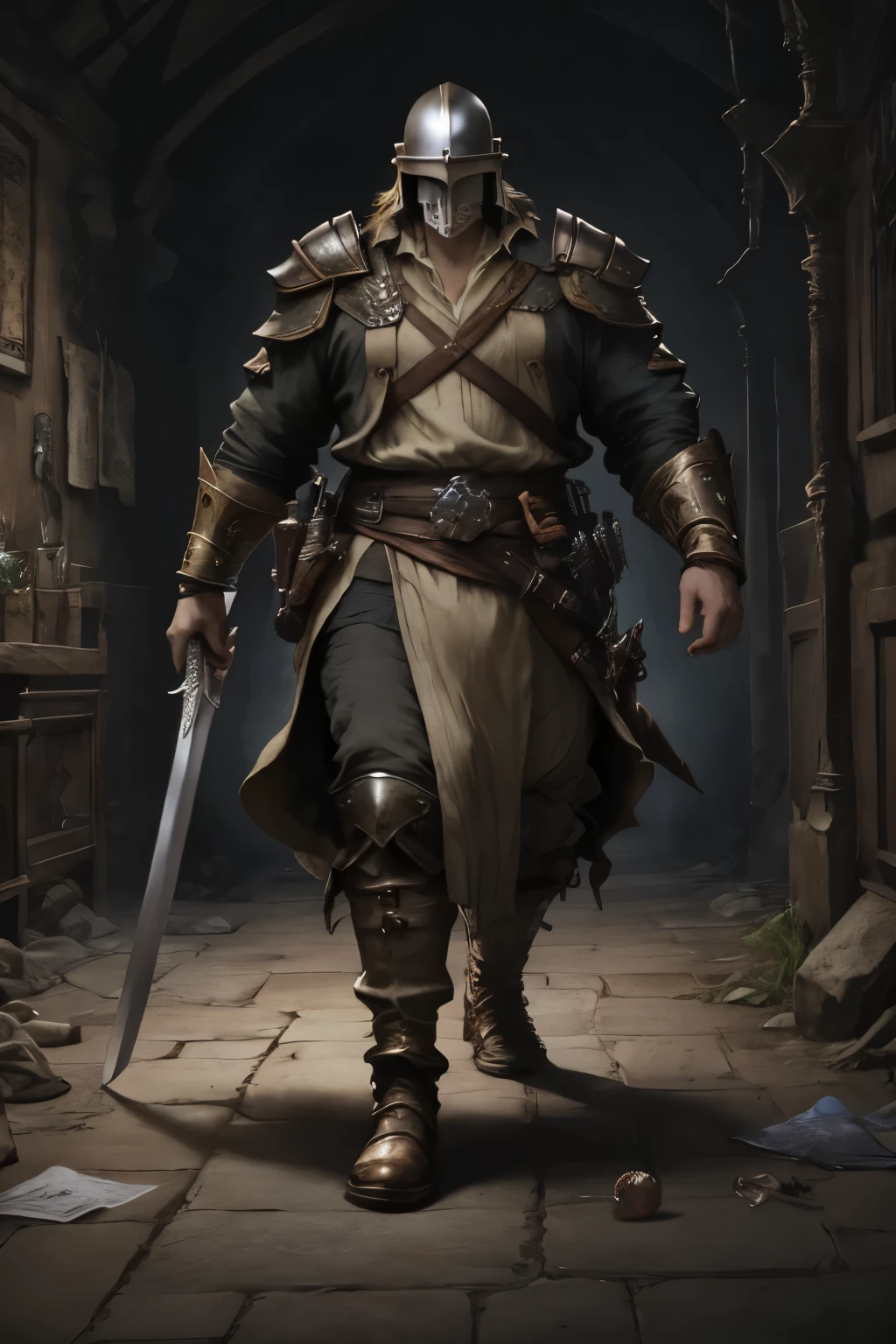 and her whole body is in the picture, Show Viewer, rpg, Jrpg, Assassin, Right Hand Sword ,full face helmet, Assassin, soldier, Design, 強いsoldier, big man, Savage Man , Vulgar man, simple helmet, 躍動感