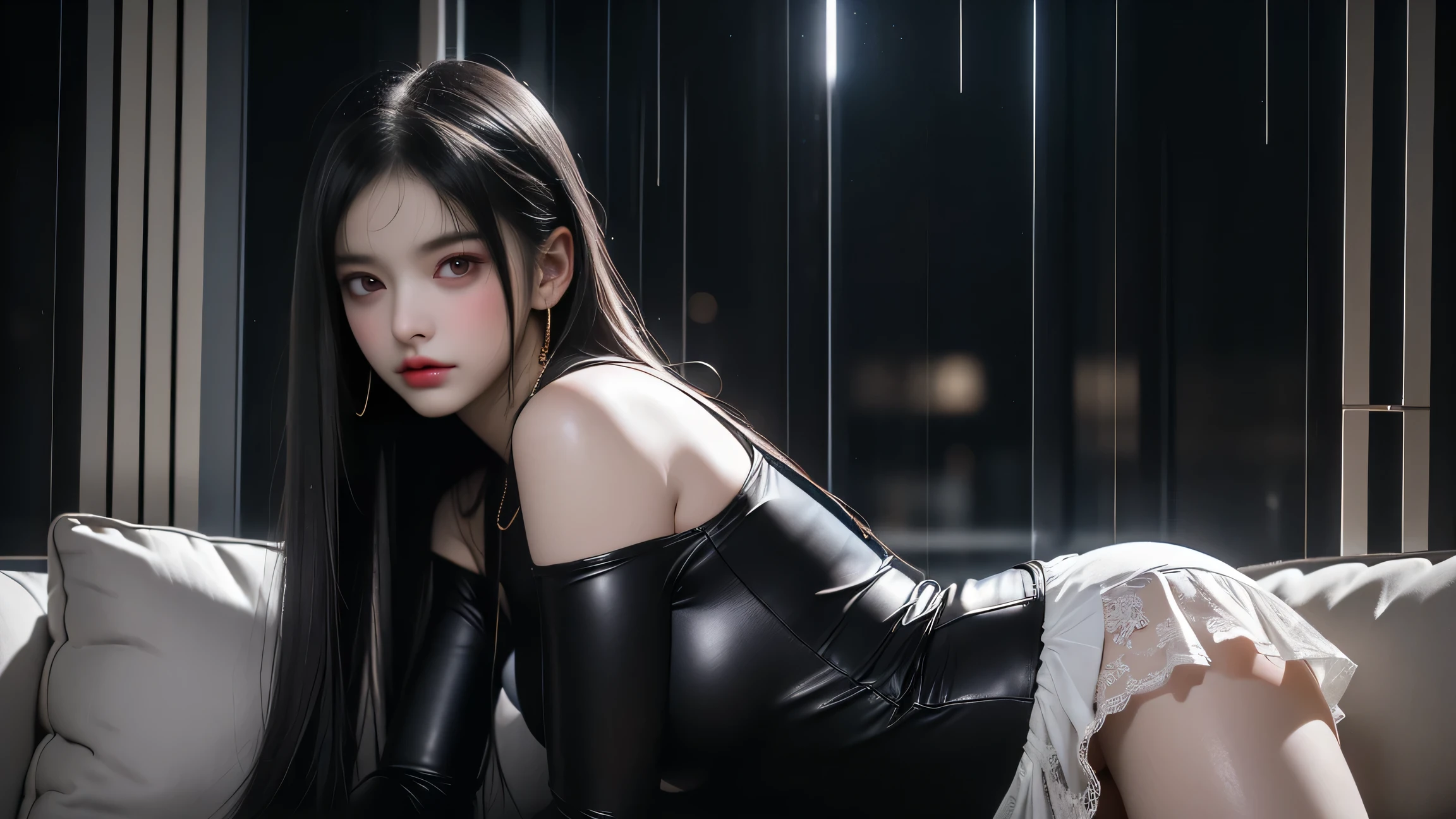 Surrealist art, gallery-quality works, ultra-precision, visual impact, sublime masterpieces, peak clarity, twilight dimness, soft lighting,
1 girl, solo,
Understated, deep shadows, dresses, stockings, skirts, shorts, suspenders, tank tops, short sleeves, t-shirts, shirts, background street, night, neon lights, rain, wet, light diffusion, colorful lights, mapping, innuendo,