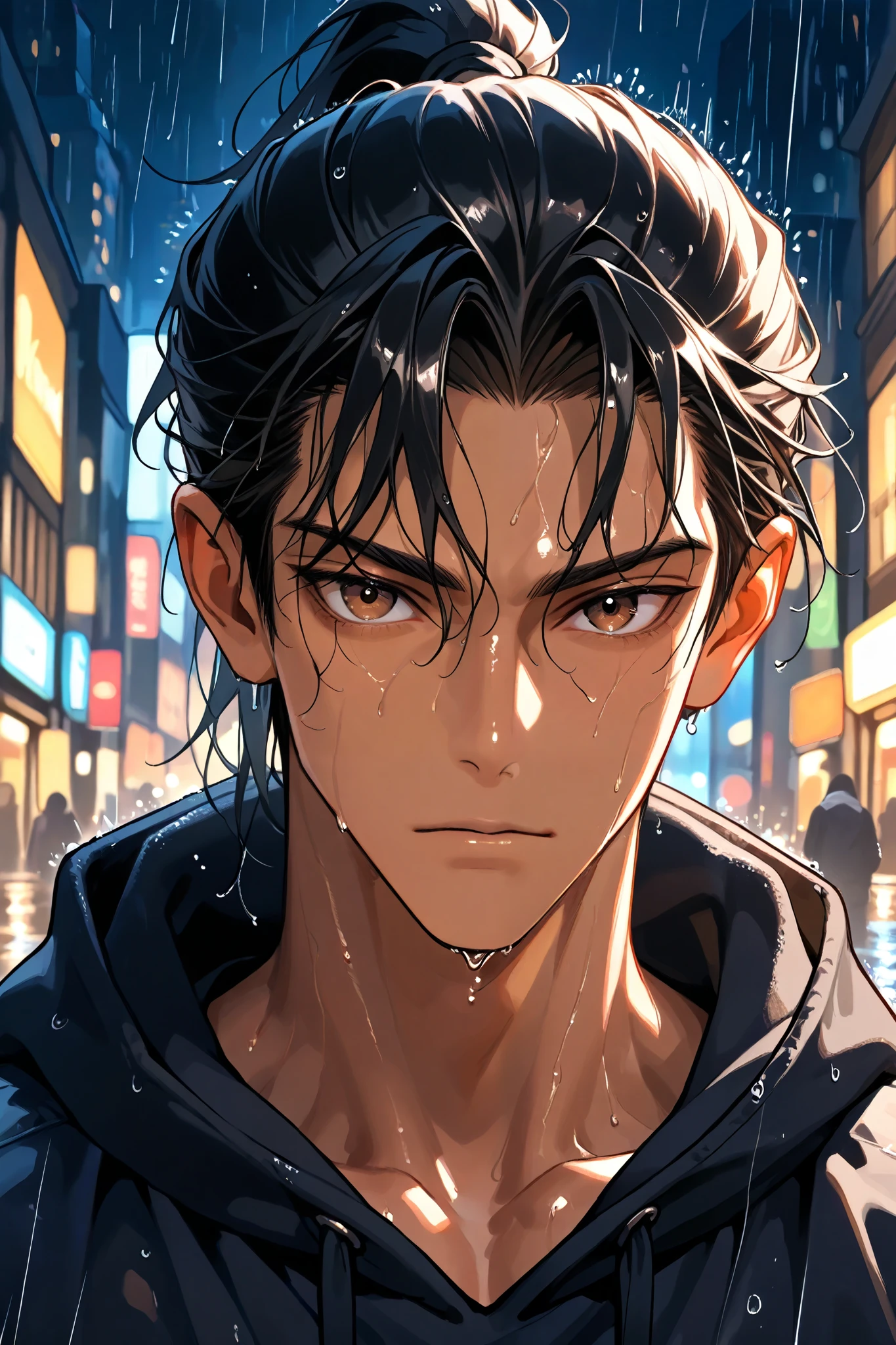 portrait, 1boy, handsome, slender but toned build, long black hair, ponytail, brown eyes, dark skin, wearing a black hoodie, city street background, night time, raining, wet, absurdres, highquality, ultradetail, neutral face, looking at viewer, eye detail,