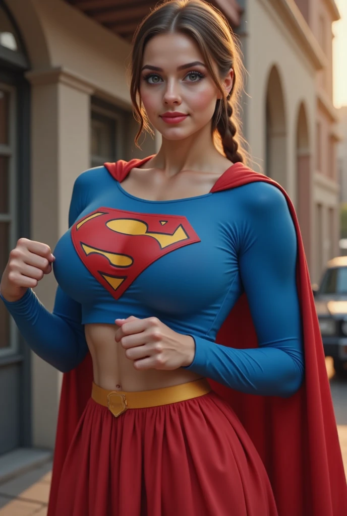 1 Girl, Beautiful, Russian Baby Face, 20 Years Old, White Skin, Large Colossal Chests, Posing, Cleavage, Sleeveless, ((Realistic Superman Suit)), ((Superman Cosplay)), ((muscles:1.3)), Top of The Mountain Background, Sexy Look, ((bokeh:1.1)), Very Long Hair, Hair Bangs, False Colour