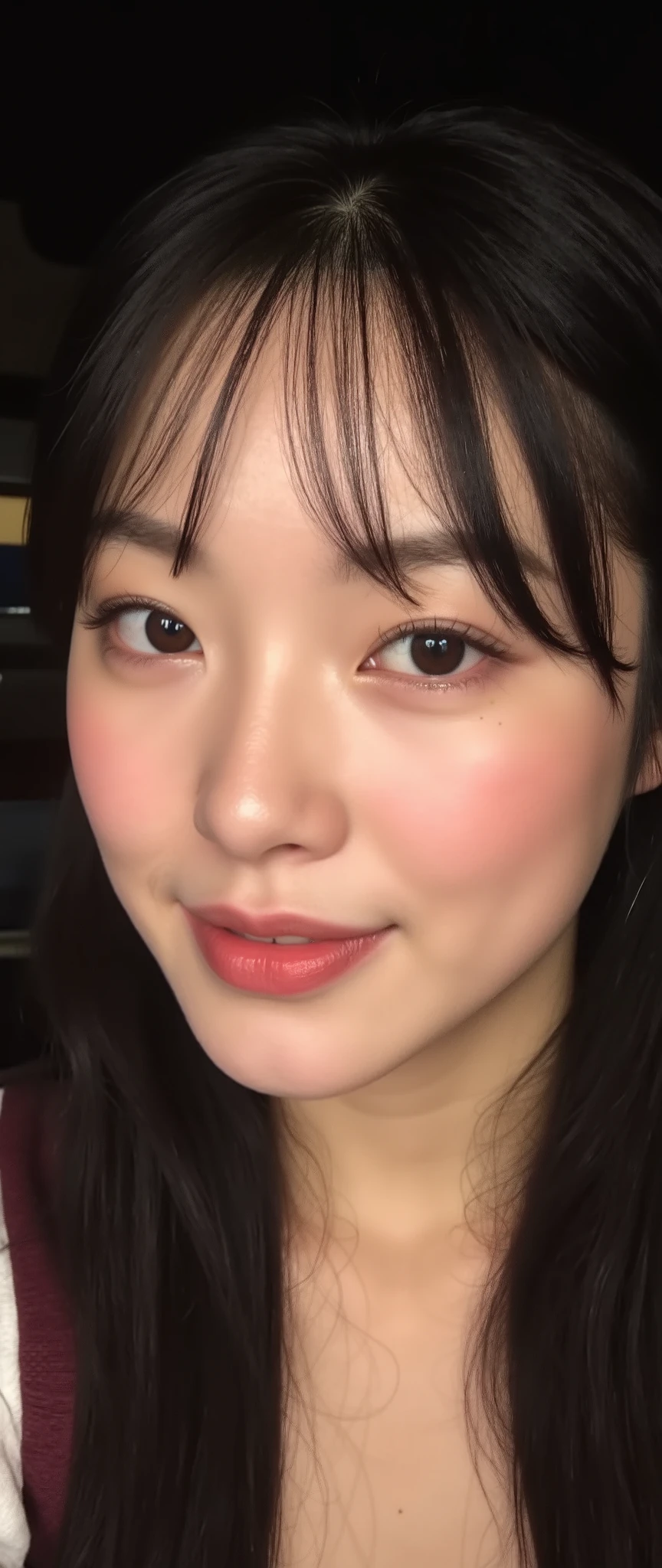 Ultra-detailed, hyper-realistic Korean idol skin, smooth and flawless texture, soft natural glow, subtle pores, delicate highlights and shadows, slight pink undertone, even complexion, perfect shading, ultra-high resolution, fine details in skin texture, high-definition rendering, realistic light reflections, gentle translucency, cinematic lighting, soft ambient occlusion, natural subsurface scattering, ultra-sharp details, no imperfections, no rough textures, no unnatural reflections, no plastic-like effect.
 (vivid smile:2.5), (natural lip curvature:2.2), (subtle cheek lift:2.3), (laughing eyes:2.3), (dimpled cheeks:2.0), (realistic shading on lips and cheeks:2.2), (ultra-detailed skin texture:2.3), (soft skin highlights:2.0), (moist lips reflection:2.1), (wrinkles near eyes when smiling:2.4), (warm and inviting smile:2.5),  (playful smirk with slight head tilt:2.2), (subtle blush on cheeks:2.1)  
 , 1 yung , Selfie,  foto tirada por uma Canon A490 (A495) ,  Korean, smile1.0, dentes alinhado, thin , squashed eyes, big eyes,  fringe separated on the right side ,  youthful appearance , black hair  , details eyes , iluminação media, Iris ,  smile, round face,  youthful appearance ,  sitting on the edge of the  ,  vintage aesthetic , cute face,  full lips,  long hair, volumoSo hair, luz media , luz Environment, agenda :night , reflexo no Environment, Environment focado,  looking for , Environment:sentada no banco do carro, dentro do carro,  
