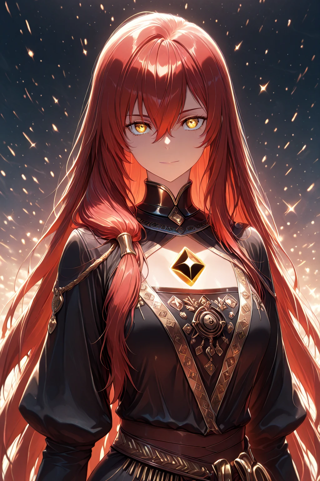 (masterpiece:1.37), woman, mature, extremely detailed eyes and face, long straight hair, (red hair:1.5), yellow eyes, military uniform, cloak, torn cloak, ripped cloak, flame-print cloak, futuristic, science fiction, hologram armband, unicursal hexagram-shaped pupils, standing, large breasts, futuristic, science fiction, hologram armband, best quality, 8k, highres, ultra-detailed, studio lighting, ultra-fine painting, sharp focus, physically-based rendering, extreme detail description, professional, vivid colors, bokeh, extreme attention to detail, tsurime, messy bangs, long bangs, bright red hair highlights, two-tone hair, full body