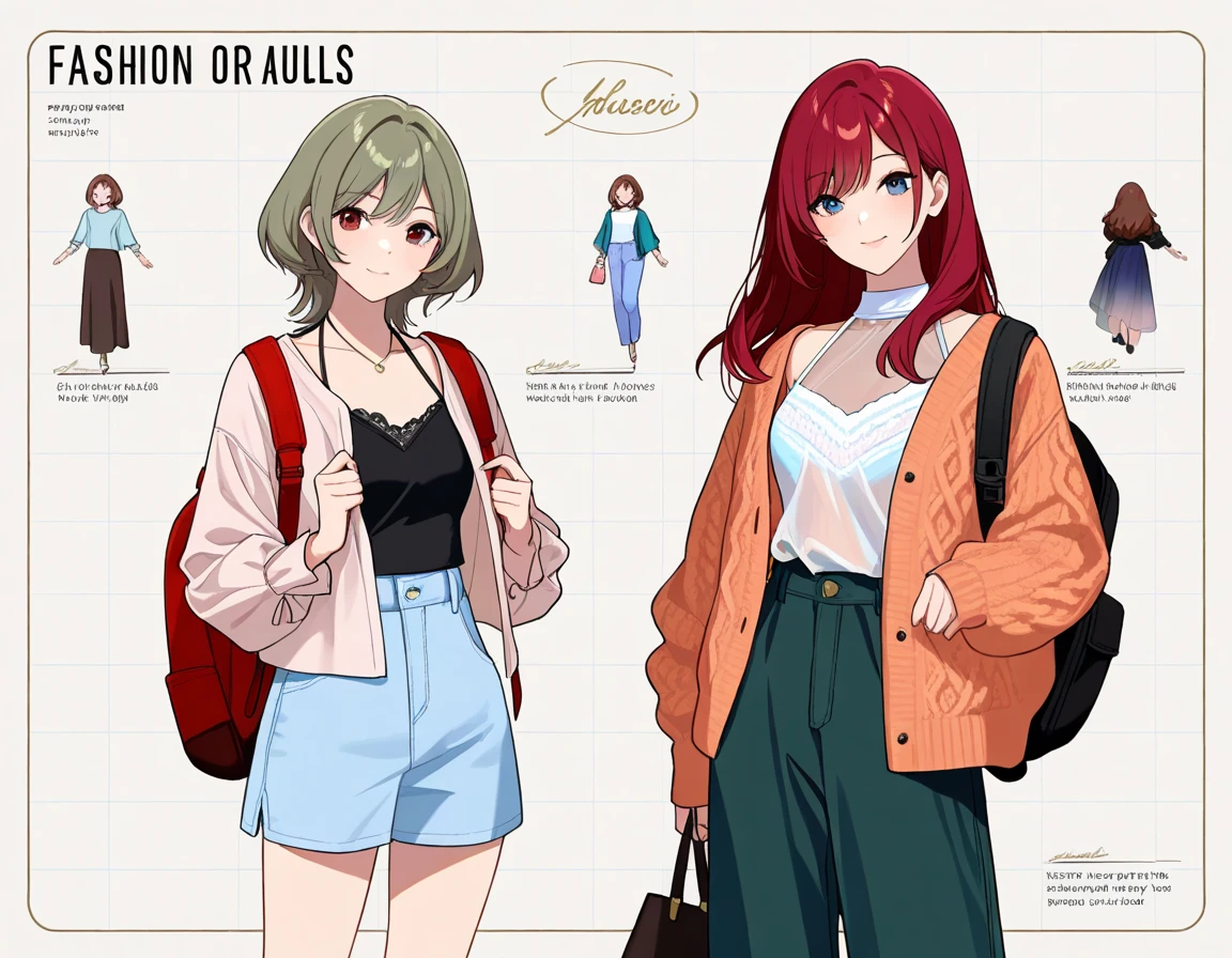 (3 adult girls), anime characters, outfit designs, upper body character ...
