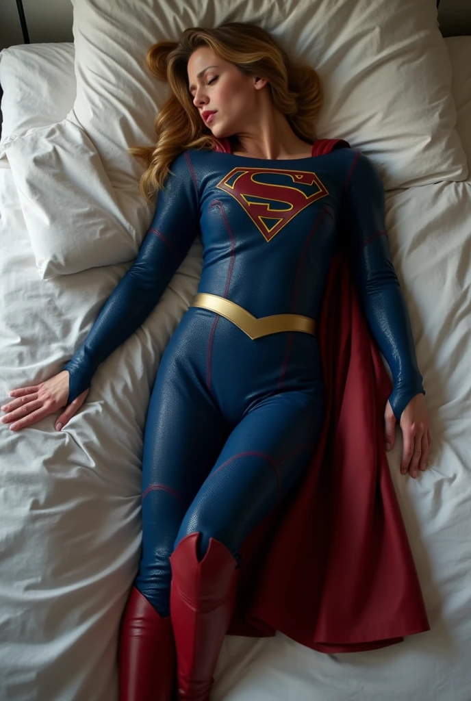 INSANELY SEXY, RIPPED MUSCULAR BUSTY BOOBS SUPERGIRL WEARING THE ORIGNAL FIRST EDITION SUPERGIRL COSTUME. LAYING IN BED TOUCHING HERSELF SENSUALY, MASTURBATING.