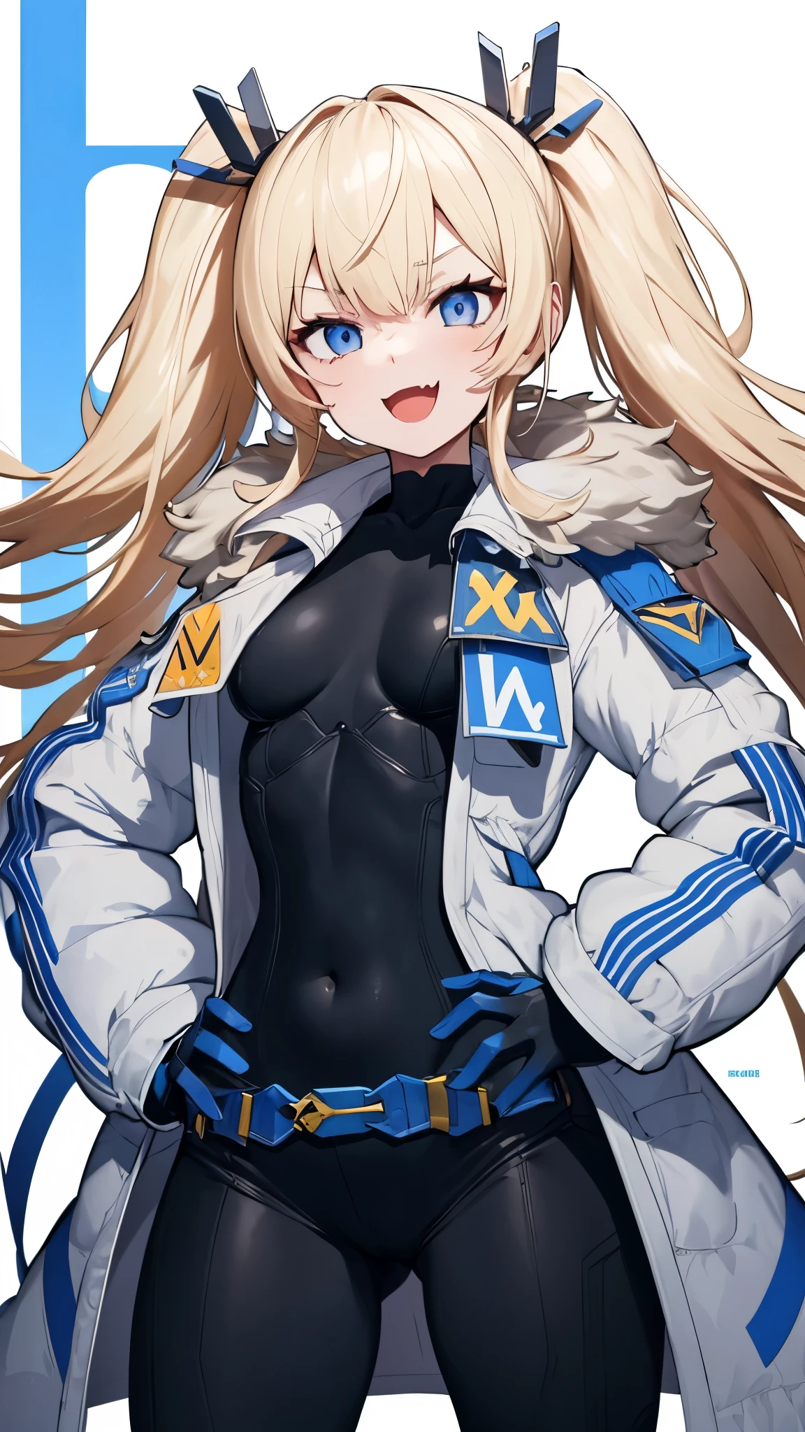 1petite_girl,masterpiece, highest quality,laplace,hair ornament, belt,white_front_open_coat_on_black_bodysuit,fur trim, gloves, blue boots,(upper body),open mouth,(put hands_on_hips),(Standing_in_honor),big_Smile, smug_face, laugh,open_mouth,fang, bandage_on_cheek,:3 ,navel,groin,