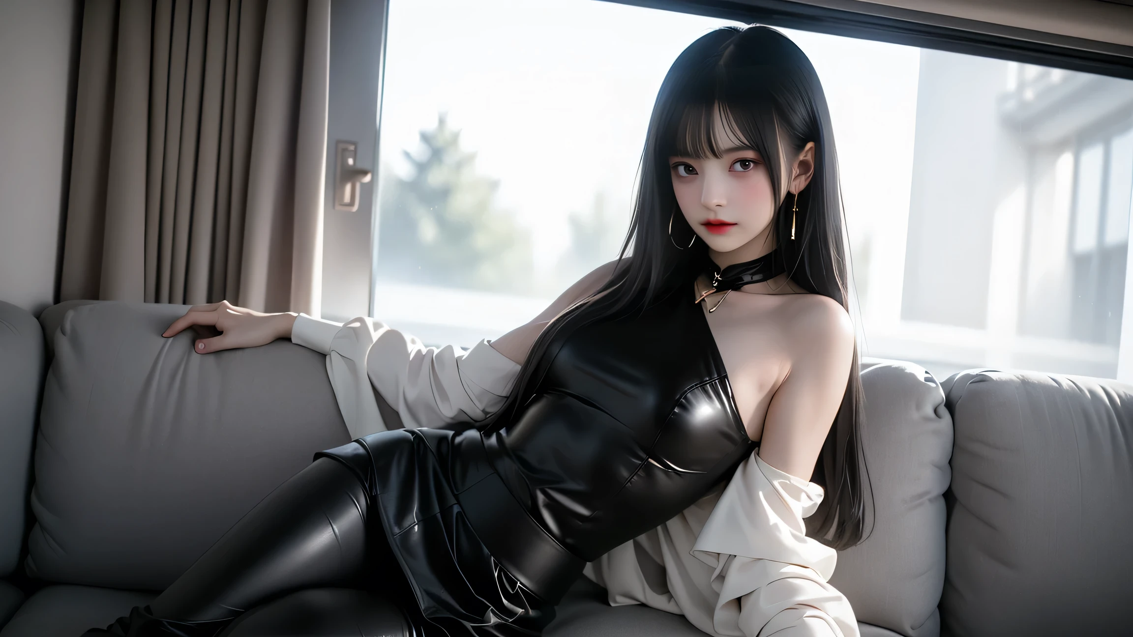 Evil face, confused eyes, flushed complexion, spit out long tongue, BDSM, slave, gummy corset, bondage, collar, dog chain collar, NSFW ((best quality, 8k, masterpiece: 1.3))), clear focus: 1.2, (layer cut, large: 1.2), young woman with busty body: 1.4, smooth abs: 1.2, wet body Several letters are written on the inner thigh: 1.5, highly detailed facial and skin texture, detailed eyes, double eyelids, short black hair, squat, split legs, hands bie, water dripping between legs, woman body definition, short top, short pants: