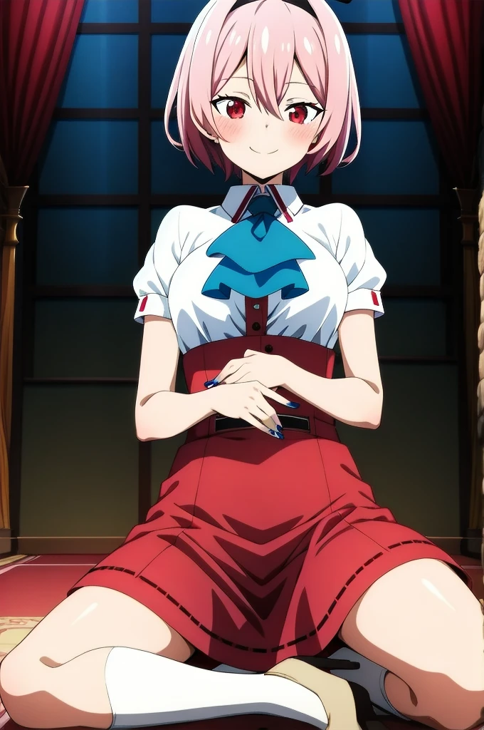 ((masterpiece)), (highest quality),Senzoku Nishikigi、
official art, very detailedCG Unity 8K wallpaper, very detailed, shiny skin, Depth of the bounds written, Bright colors,
1 girl, (crooked:0.4), (full body:0.6),Sitting with legs apart、Short hair with open legs, bangs, red eyes, skirt, looking to the side, Licorice Uniform、panties、red ribbon、smile