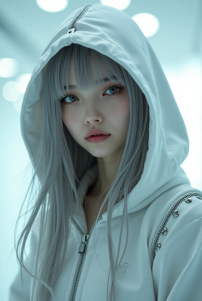 White long-haired woman wearing a white hooded sweatshirt and white stockings, Gray hair tifa, Perfect white haired girl, Anime girl cosplay, Surrealism female students, Girl with white hair, ChineseGirl, cosplay, white haired Cangcang, Anime girl in real life, Anime cosplay, goddes,Exquisite facial features,Walk among the endless flow of people